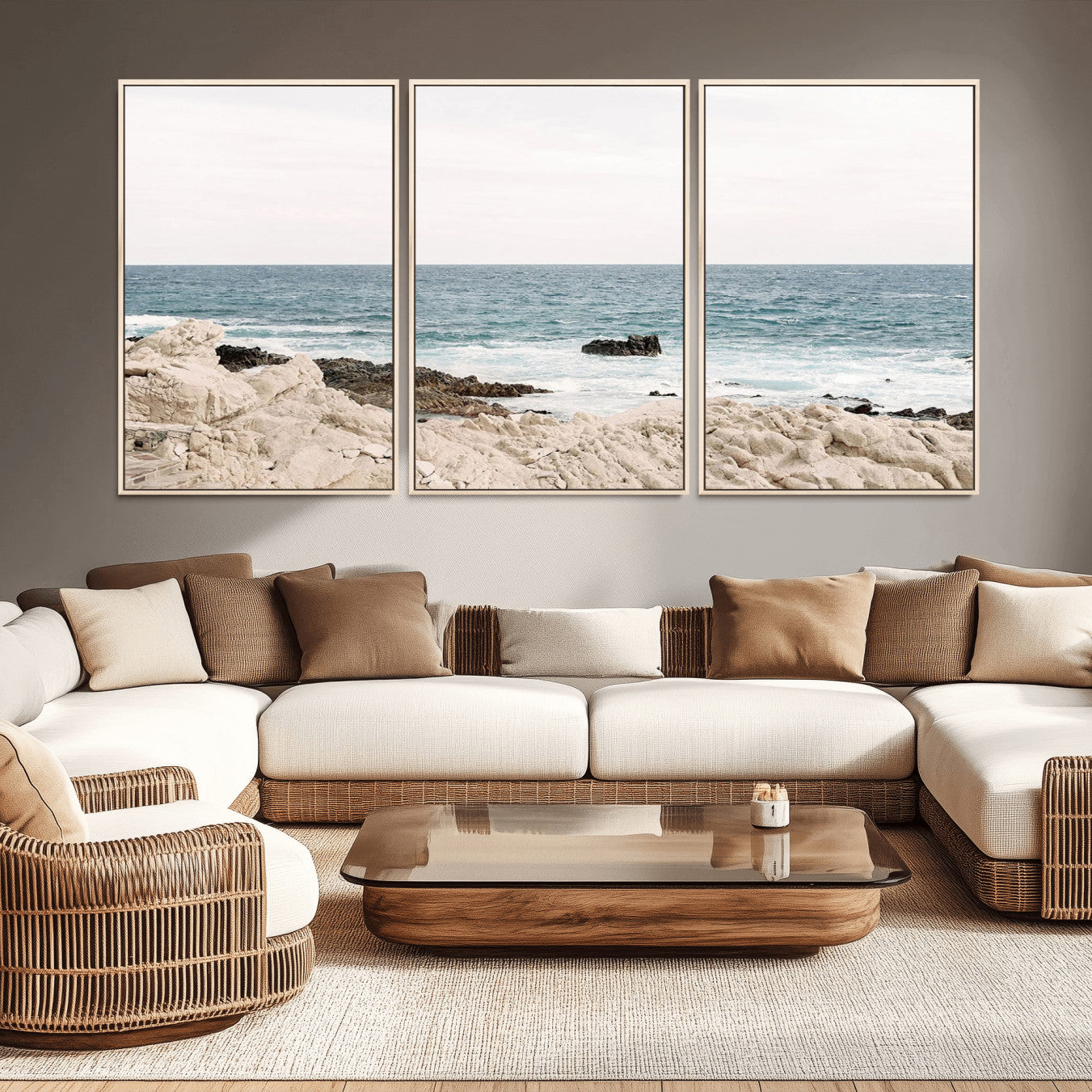-Coastal Ocean View Wall Art Canvas Print – Serene Rocky Shoreline and Blue Sea Photography for Home, Office