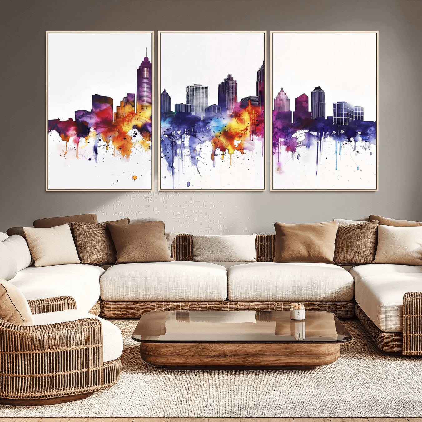34479880-MGV-FC-60X30-3P_Natural-Atlanta Skyline Wall Art Canvas Print – Framed Colorful Watercolor Cityscape Artwork for Home, Office, Living Room