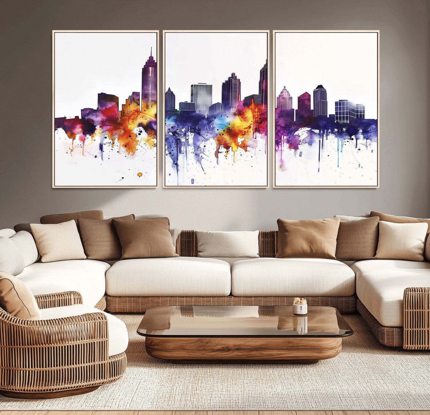 34479880-MGV-FC-60X30-3P_Natural-Atlanta Skyline Wall Art Canvas Print – Framed Colorful Watercolor Cityscape Artwork for Home, Office, Living Room