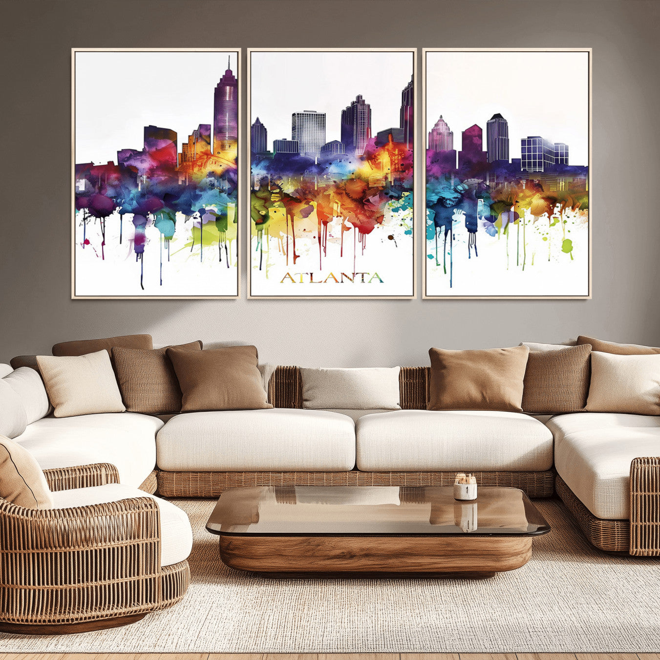 36048320-MGV-CV-36X24-Atlanta Skyline Wall Art Canvas Print – Framed Colorful Watercolor Cityscape Abstract Urban Artwork for Home, Office