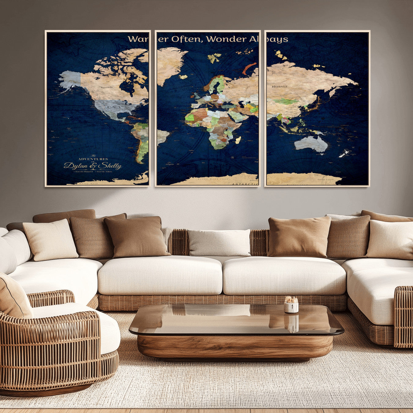 Rehber01-MGV-CV-36X24-Personalized World Map Canvas – Custom Framed Push Pin Travel Map Wall Art, Navy Blue Vintage Gift for Couples and Adventurers