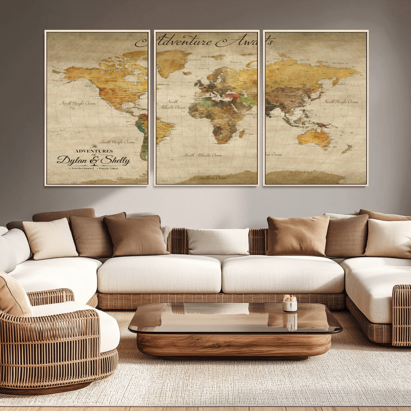 Rehber01-MGV-CV-36X24-Personalized World Map Canvas – Custom Framed Push Pin Travel Map Wall Art, Rustic Vintage Gift for Couples and Travel Lovers