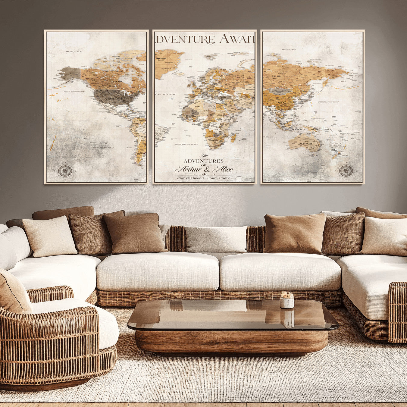 Rehber01-MGV-CV-36X24-Personalized World Map Canvas Print – Custom Push Pin Travel Map Vintage Neutral Style Gift for Couples Travelers for Home Office