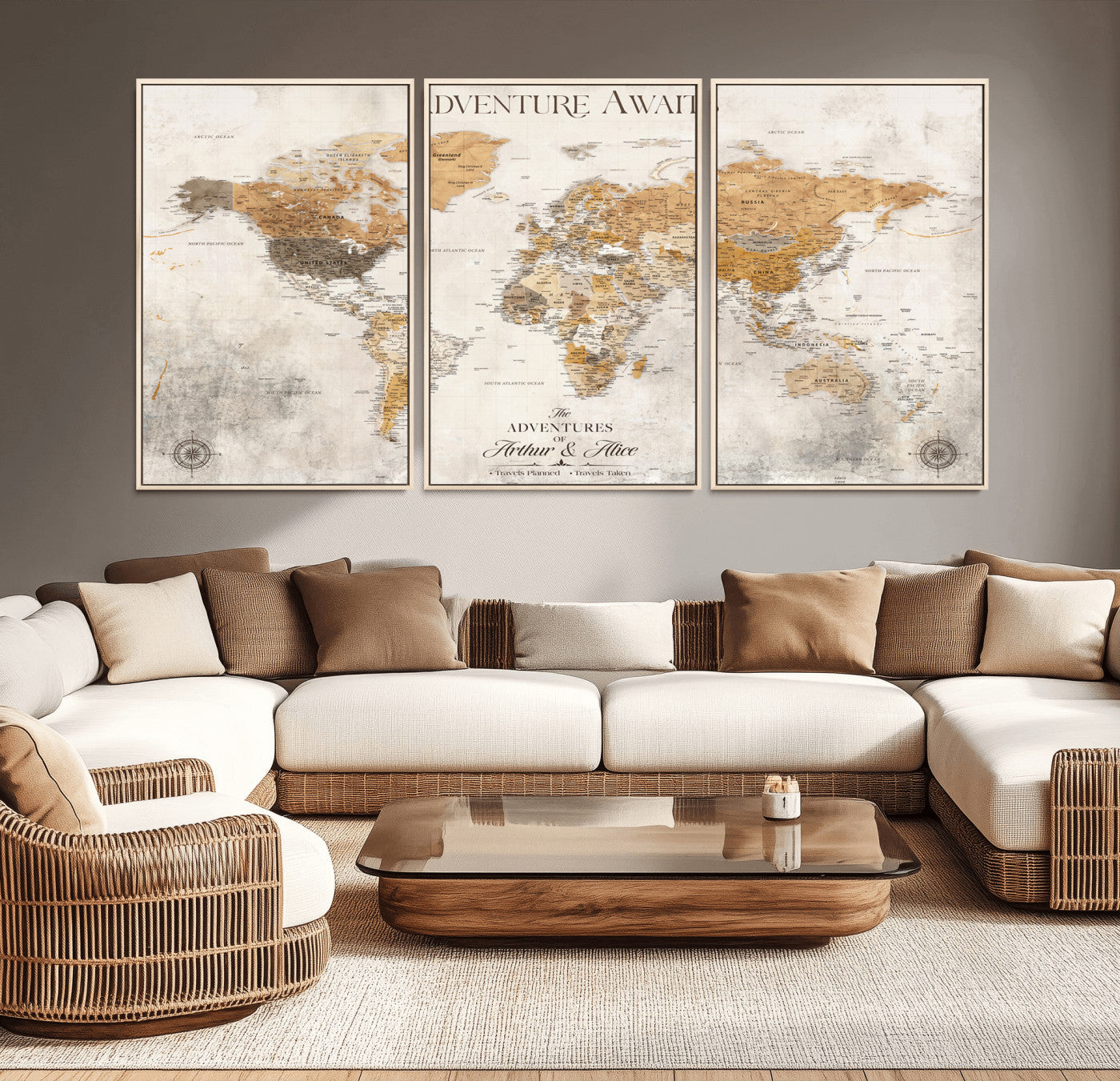 Rehber01-MGV-CV-36X24-Personalized World Map Canvas Print – Custom Push Pin Travel Map Vintage Neutral Style Gift for Couples Travelers for Home Office