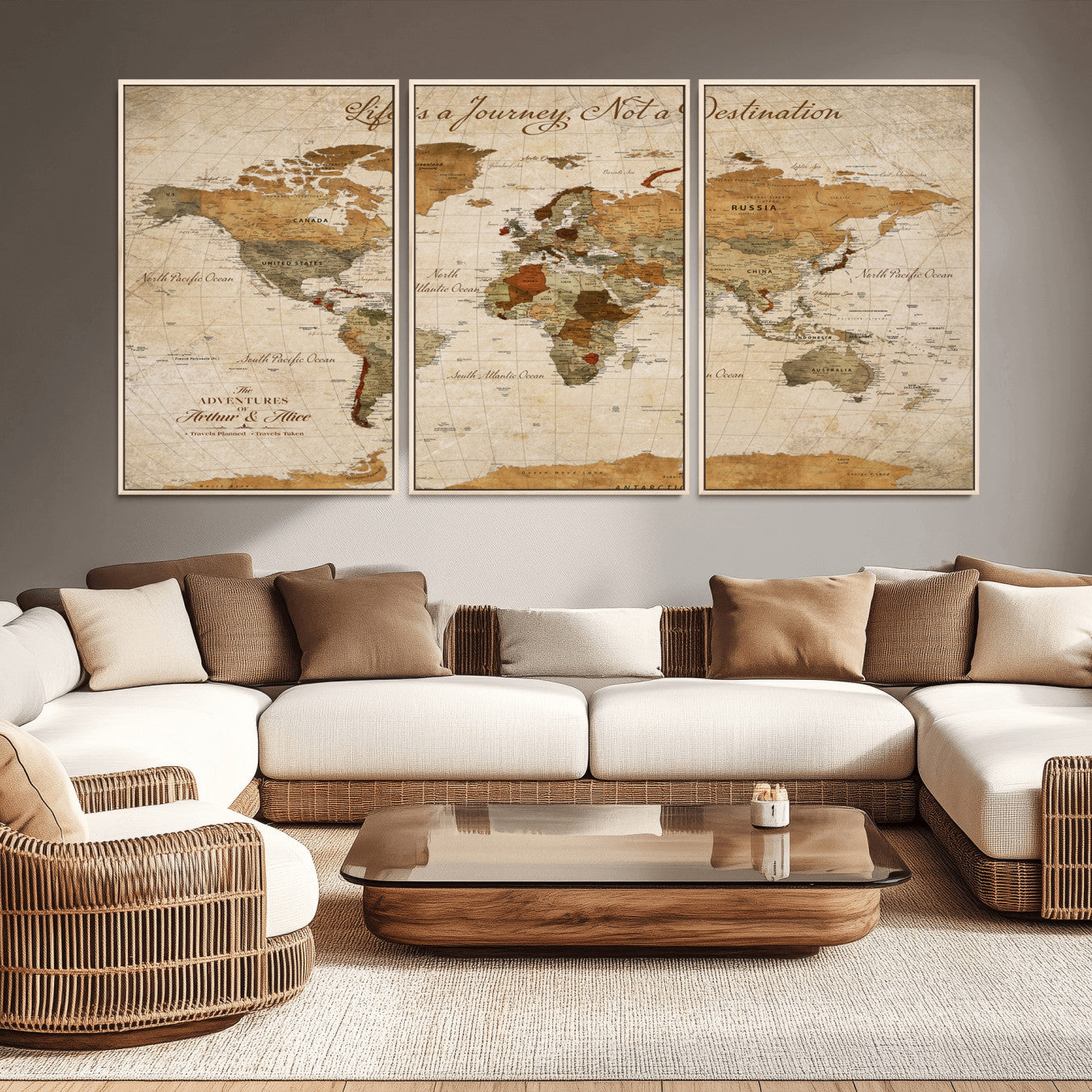 Rehber01-MGV-CV-36X24-Personalized Vintage World Map Canvas – Custom Framed Push Pin Travel Map Wall Art, Rustic Gift for Couples and Travel Lovers