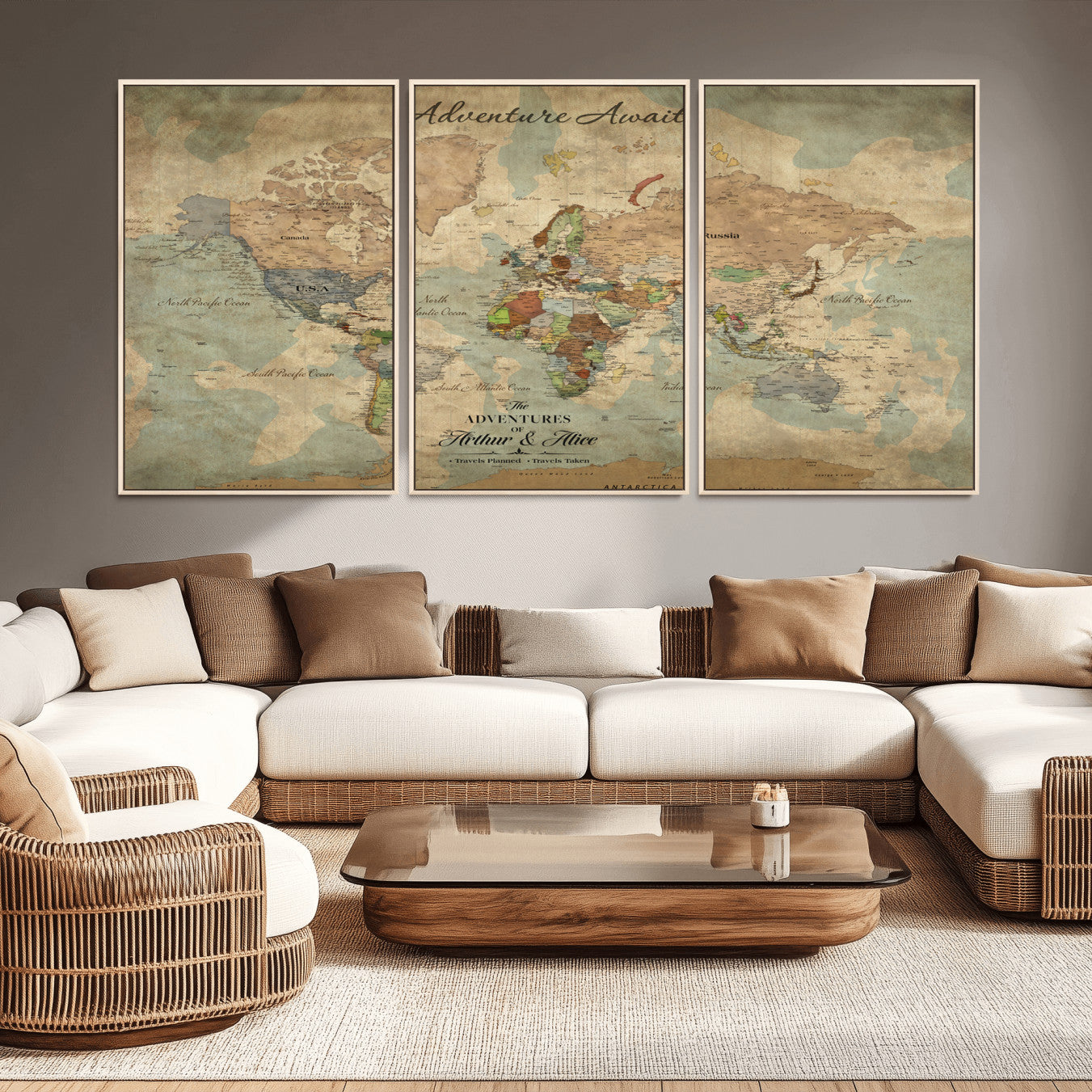 Rehber01-MGV-CV-36X24-Personalized Vintage World Map Canvas Print – Custom Push Pin Travel Map Antique Style Gift for Couples Travelers for Home Office