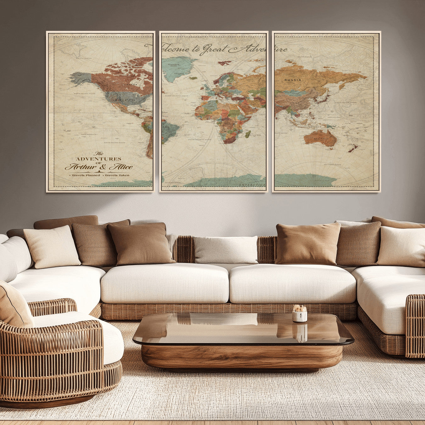 Rehber01-MGV-CV-36X24-Personalized Antique World Map Canvas Print – Custom Push Pin Travel Map Vintage Gift for Couples Explorers for Home, Office