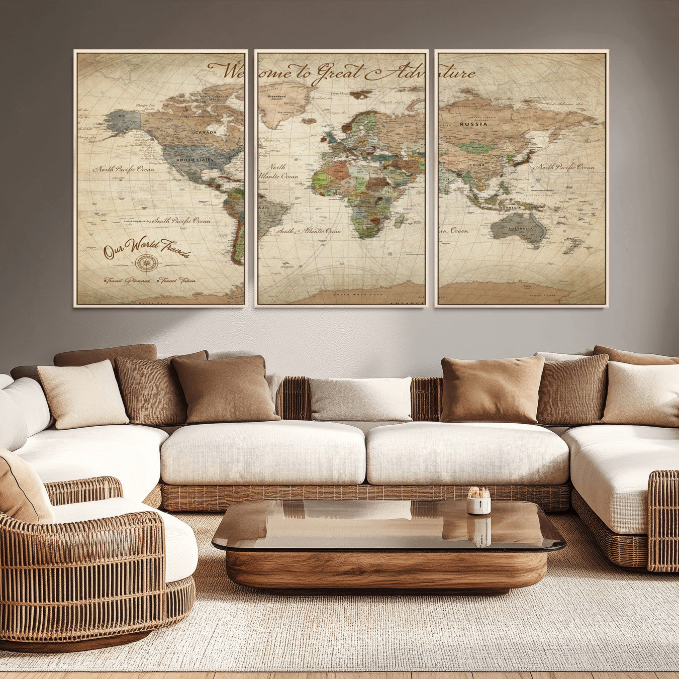 Rehber01-MGV-CV-36X24-Personalized Antique World Map Canvas Print – Custom Push Pin Travel Tracker Vintage Adventure Gift for Couples for Home, Office