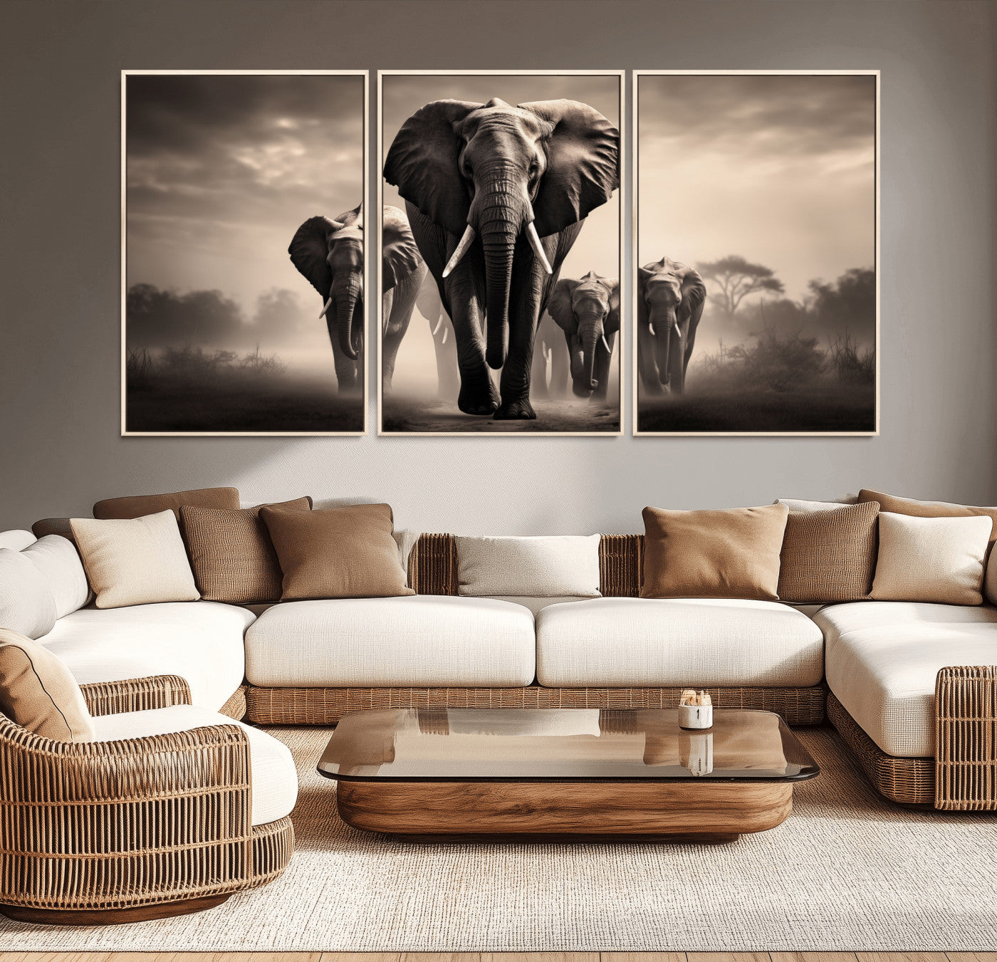-Elephant Family Wall Art Canvas Print, Framed Elephant Wall Art Home Decor