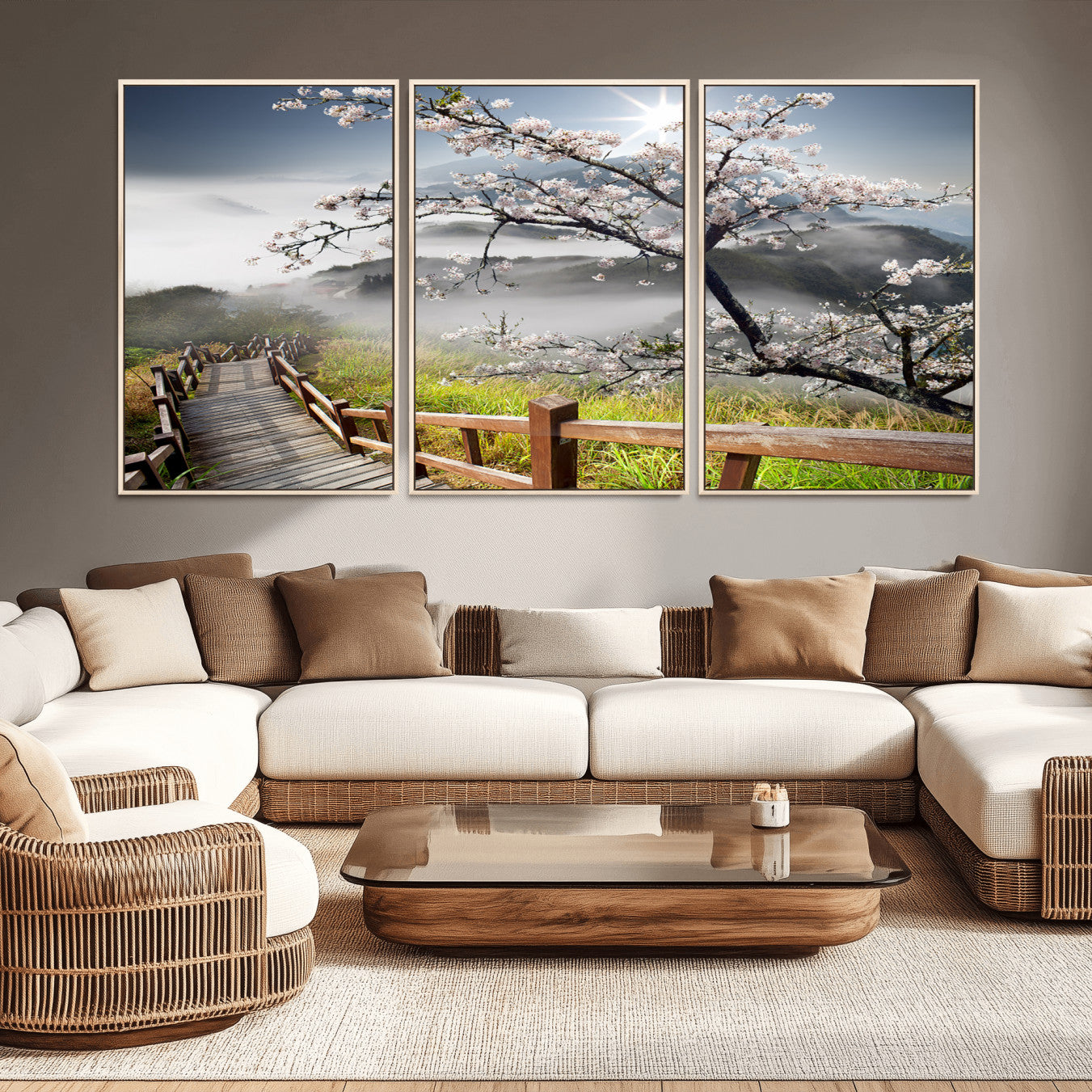 -Sakura Cherry Blossom Pathway Canvas Wall Art – Tranquil Walk Through Blossoming Nature – Ready to