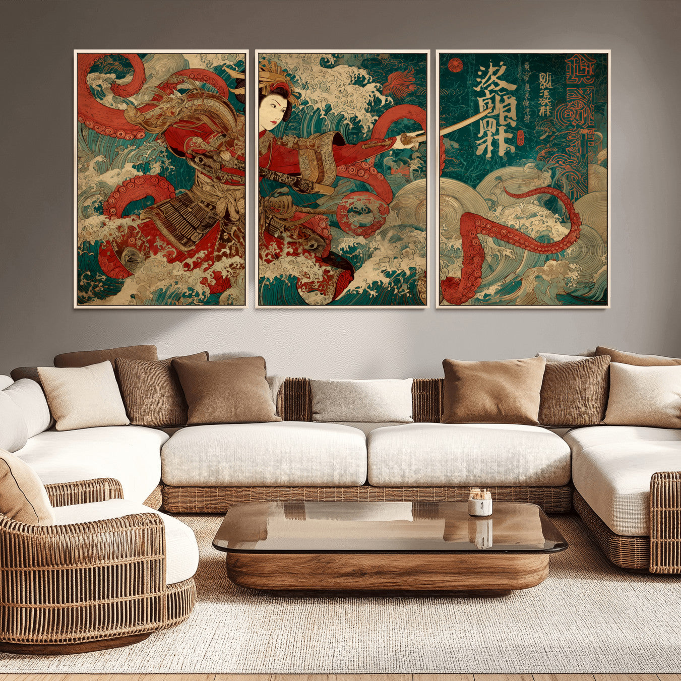 MGV-FC-60X30-3P - Tsukioka Yoshitoshi Samurai Wall Art Print, Japanese Katana Warrior Canvas Wall Art, Octopus Sea Monster Canvas Print,