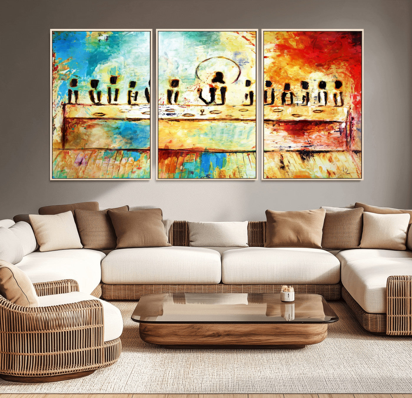 YKE34632598CR-MGV-CV-36X24-Abstract Last Supper Wall Art Canvas Print – Apostles Gathering Modern Spiritual Colorful Artwork for home, office