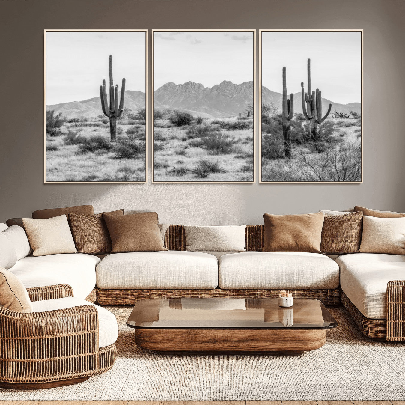 97436PHN-MGV-FC-60X30-3P_Natural-Black White Arizona Desert Canvas Wall Art Cactus Farmhouse Wall Art