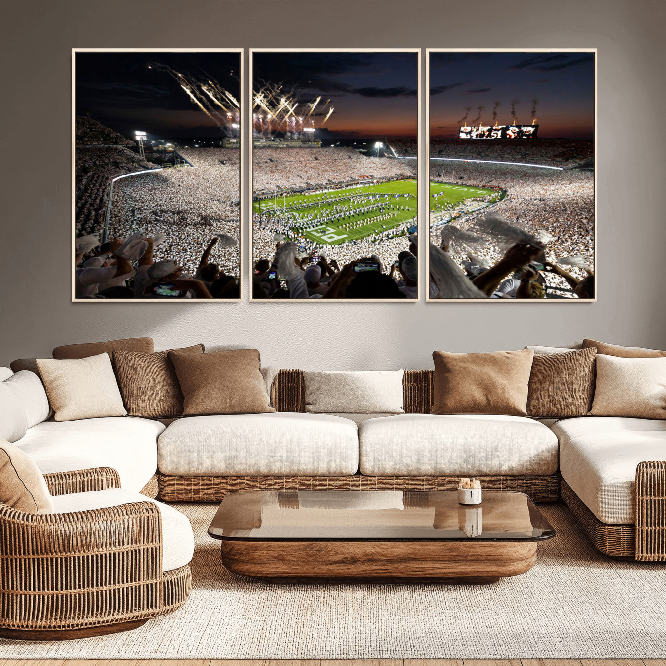 Penn State Stadium Wall Art Print, White Out Football Game Canvas Wall Art, Framed Sports Stadium, Large College Football Canvas Print for Game Room - Man Cave + 555