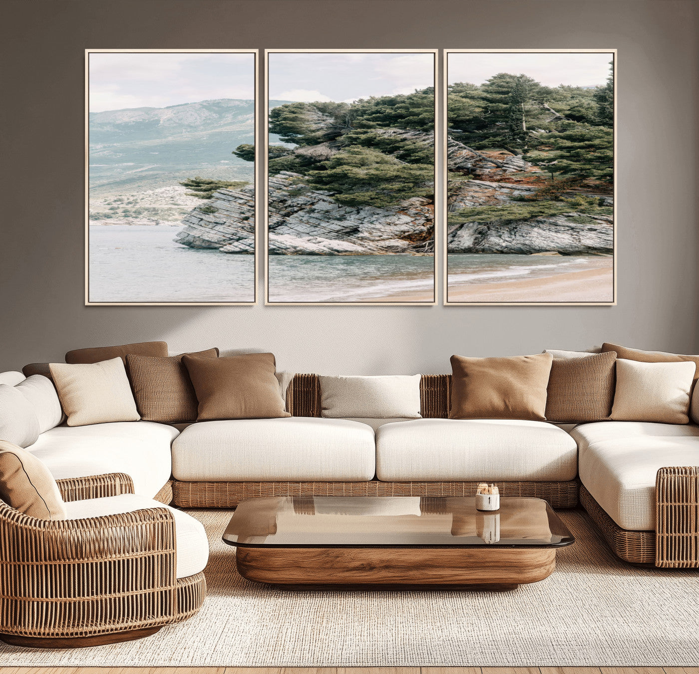 MGV-FC-60X30-3P - Coastal Rock Canvas Wall Art Print, Scenic Beach Landscape, Pine Trees on Rocky Cliff, Large Nature