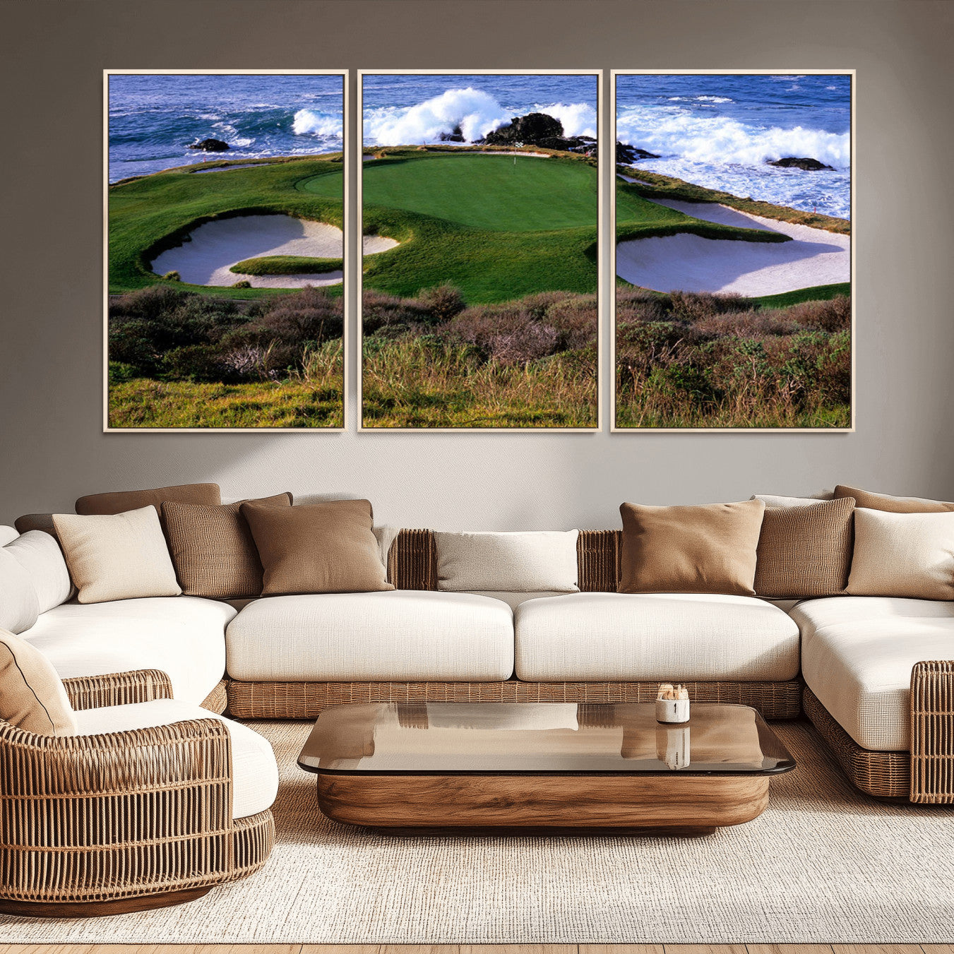 22776914-MGV-CV-36X24-Ocean Cliff Golf Green Canvas Print – Framed Majestic Coastal Scene with Lush Green Artwork for Home, Office