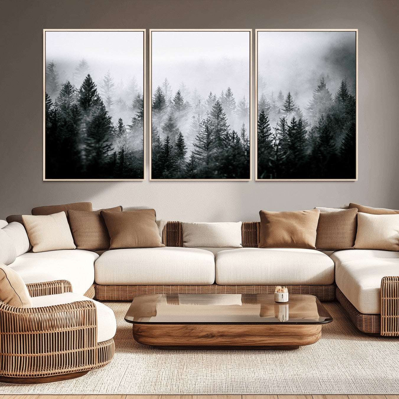 MGV-FC-60X30-3P - Foggy Pine Forest Canvas Wall Art – Black and White Nature Landscape Print, Horizontal Canvas for