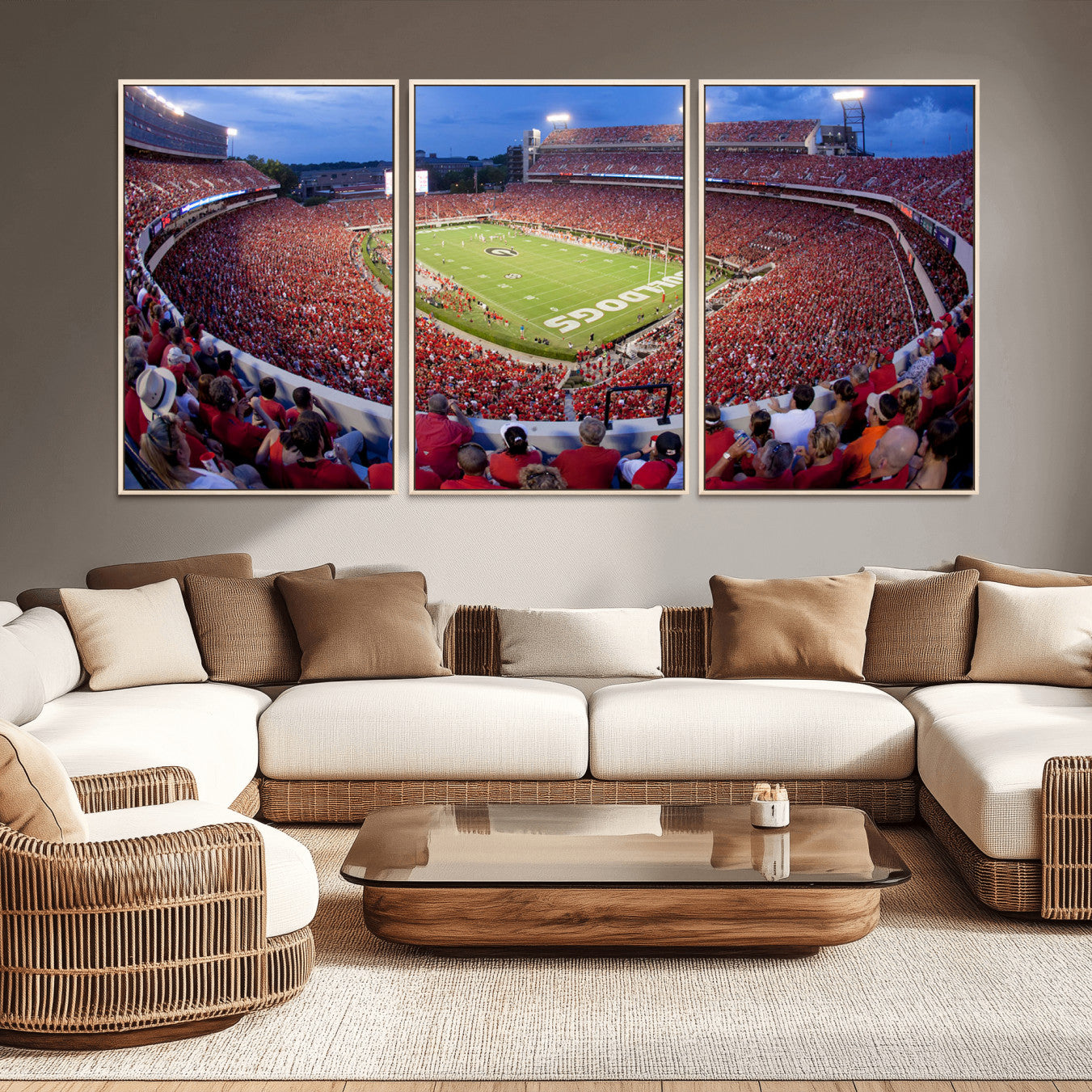 10244378-MGV-CV-48X32-3P-Dooley Stadium Wall Art Print, Sports Arena Canvas Wall Art, Dooley Field at Sanford Stadium Canvas Print, Modern Athletic Field Art Printing
