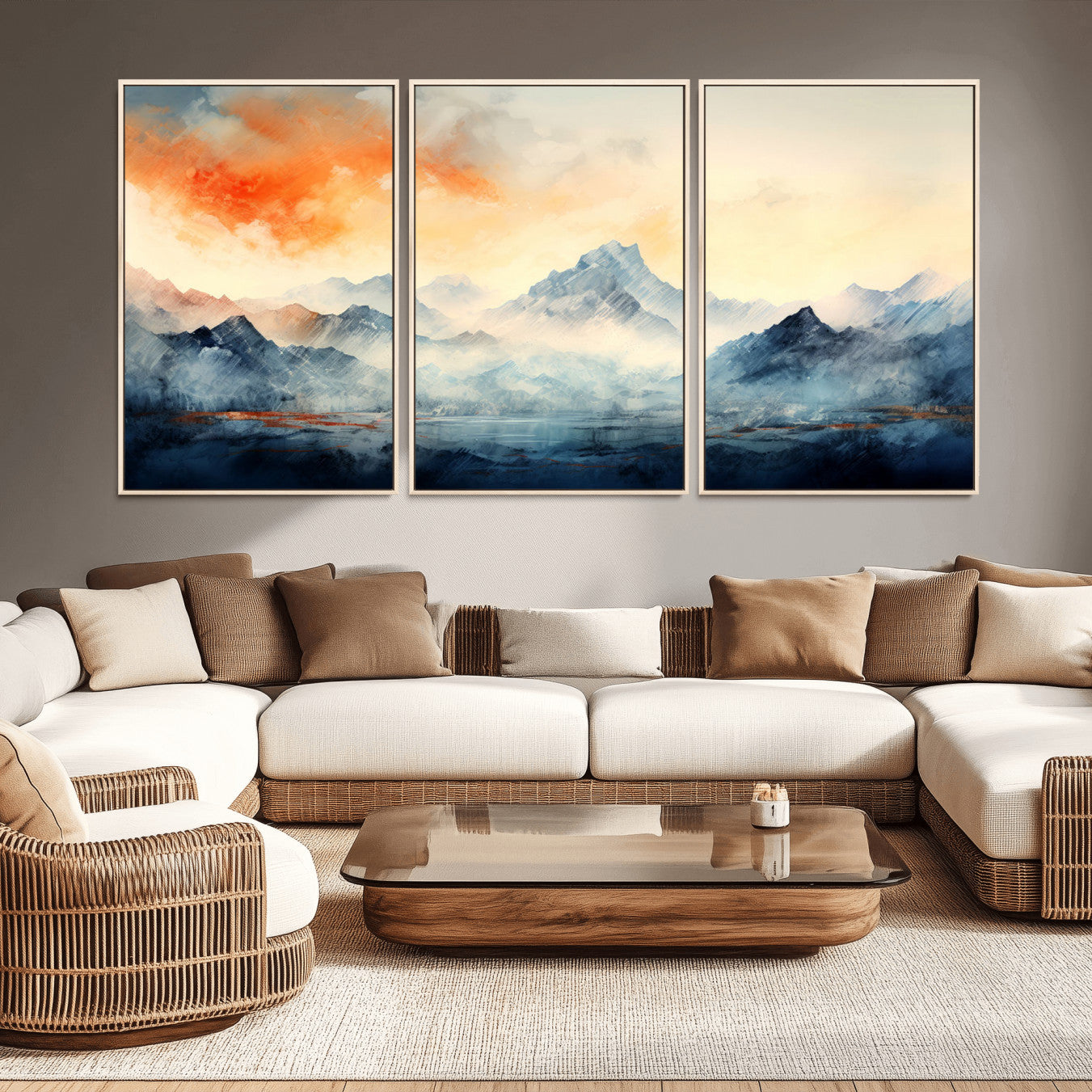 WRM1005-MGV-FC-60X30-3P - Warm Clouds Abstract Mountain Wall Art, Modern Landscape Canvas Print, Minimal Framed Artwork for Home, Office