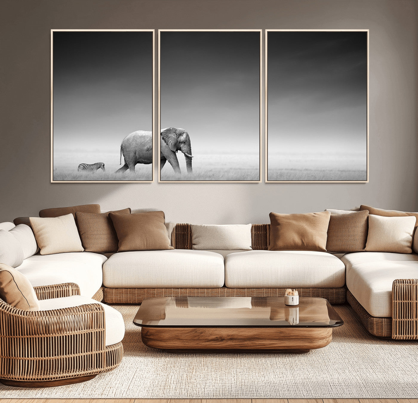 87639-MGV-CV-36X24-Elephand and Zebra Wall Art Canvas Print, Modern Artwork