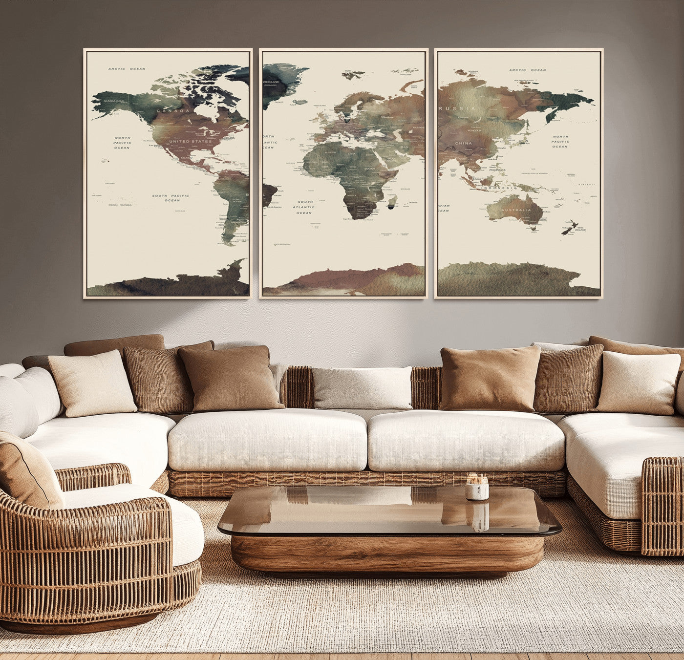 -Neutral Watercolor World Map Canvas Wall Art – Framed Earth Tone Map Print, Minimalist Travel Artwork for Modern Home and Office Decor