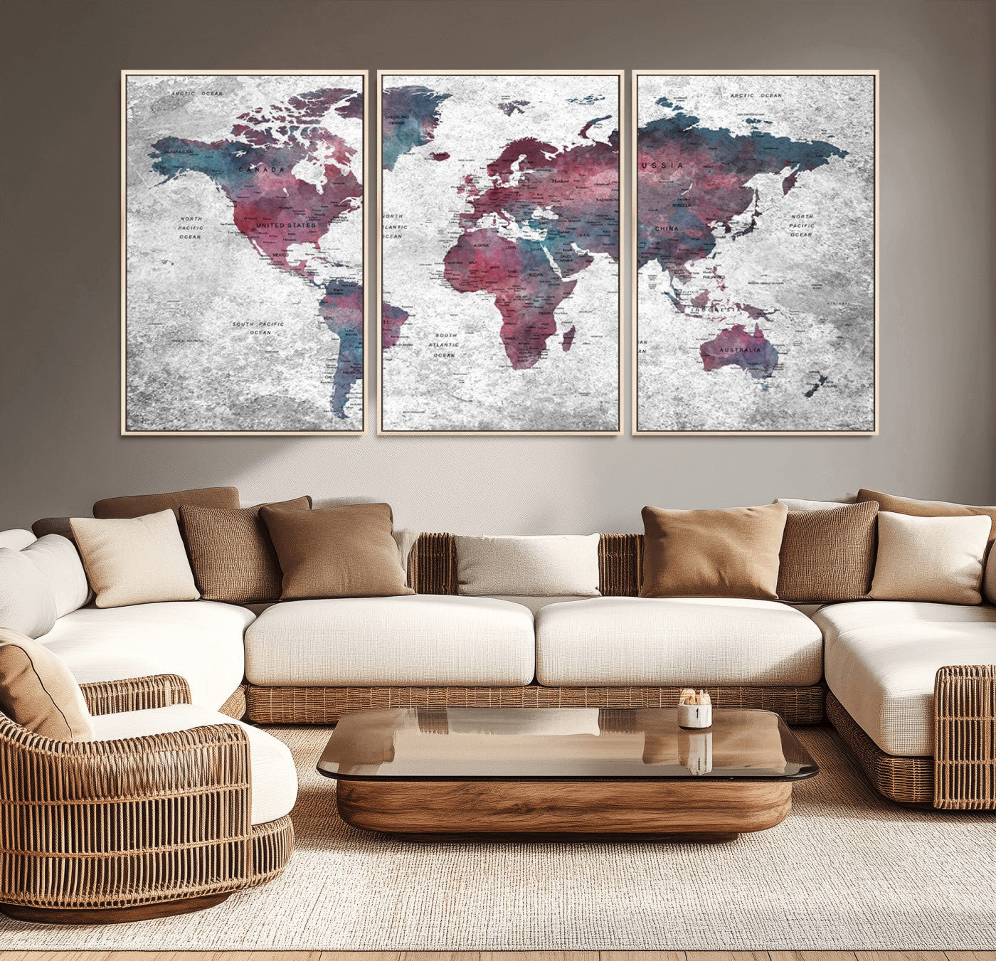 -Modern Red and Gray World Map Canvas Print – Framed Push Pin Wall Art for Couples, Contemporary Travel Map Artwork for Home and Office Decor