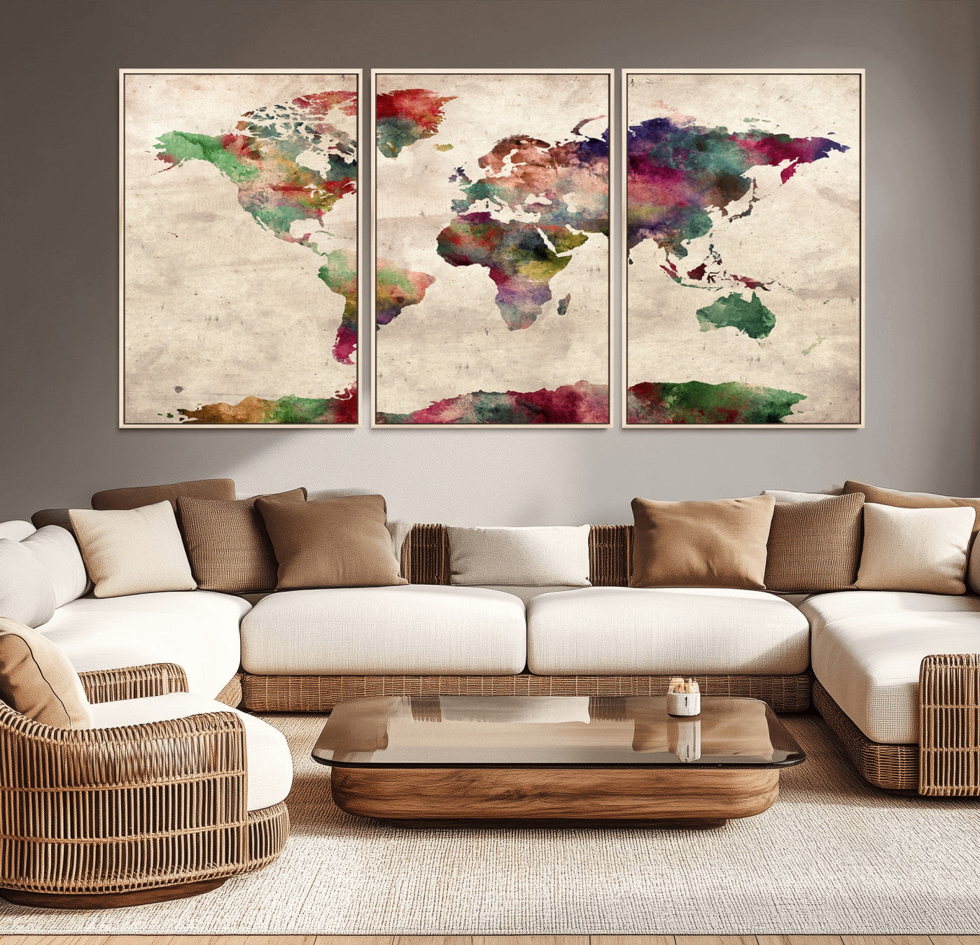 69476-MGV-CV-36X24-Watercolor World Map Canvas Print – Framed Push Pin Wall Art for Couples, Colorful Travel Map Artwork for Elegant Home and Office Decor