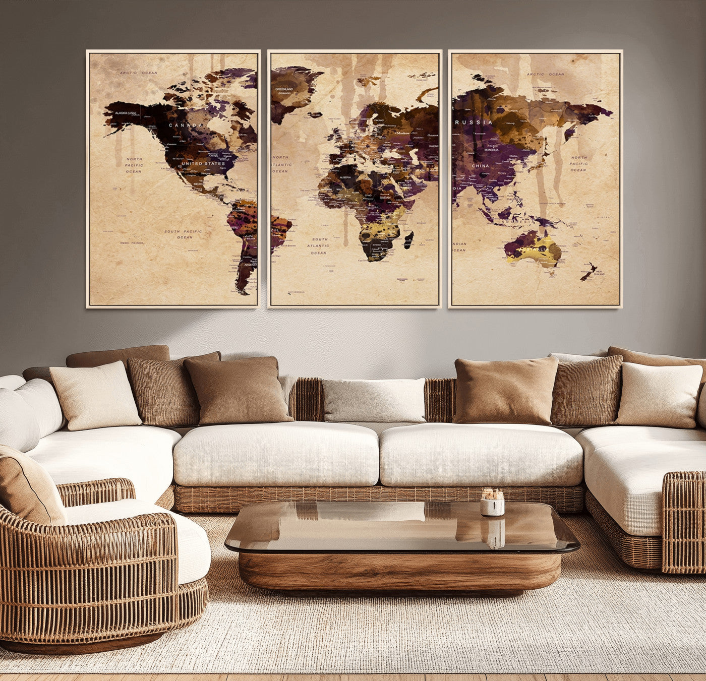 -Vintage World Map Canvas Wall Art – Framed Push Pin Travel Map for Home and Office Decor