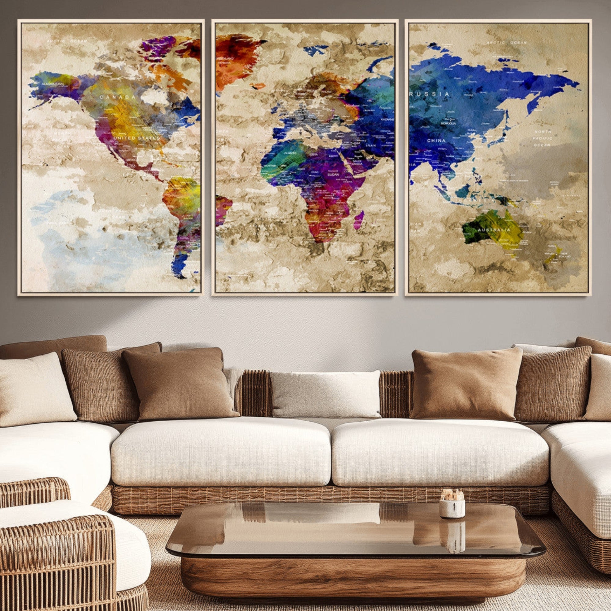 92939-MGV-CV-36X24-Colorful World Map Canvas Wall Art – Abstract Watercolor Map Print, Modern Travel Decor for Home Office or Study