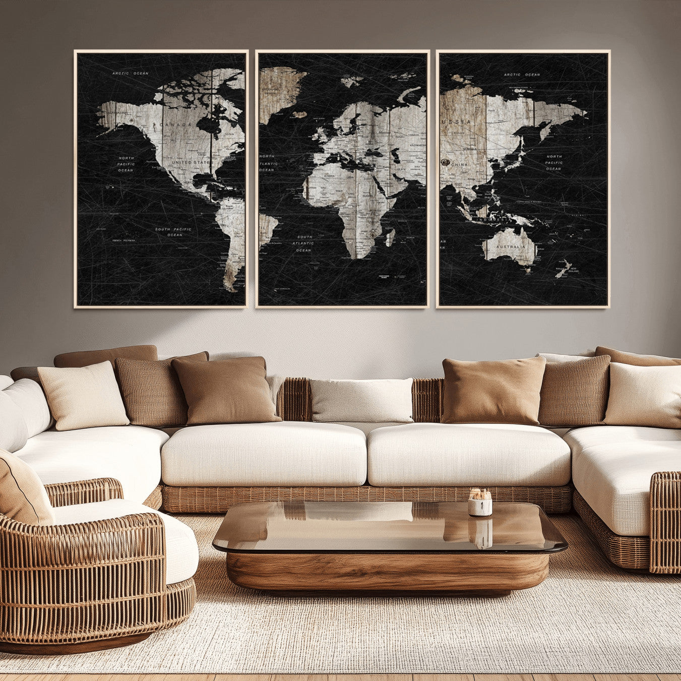 89998-MGV-CV-36X24-Rustic Black and Wood World Map Canvas Wall Art – Framed Push Pin Travel Map for Home and Office Decor, Modern Vintage Wall Artwork