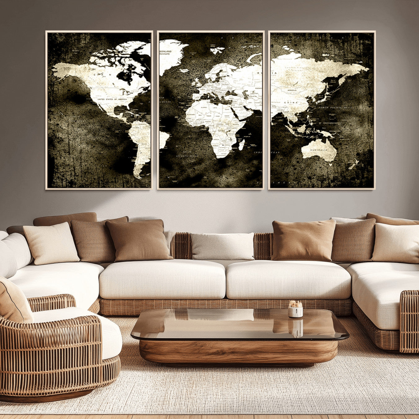 66737-MGV-CV-36X24-Vintage World Map Canvas Wall Art – Framed Push Pin Travel Map for Home and Office Decor, Rustic Wall Artwork for Travelers