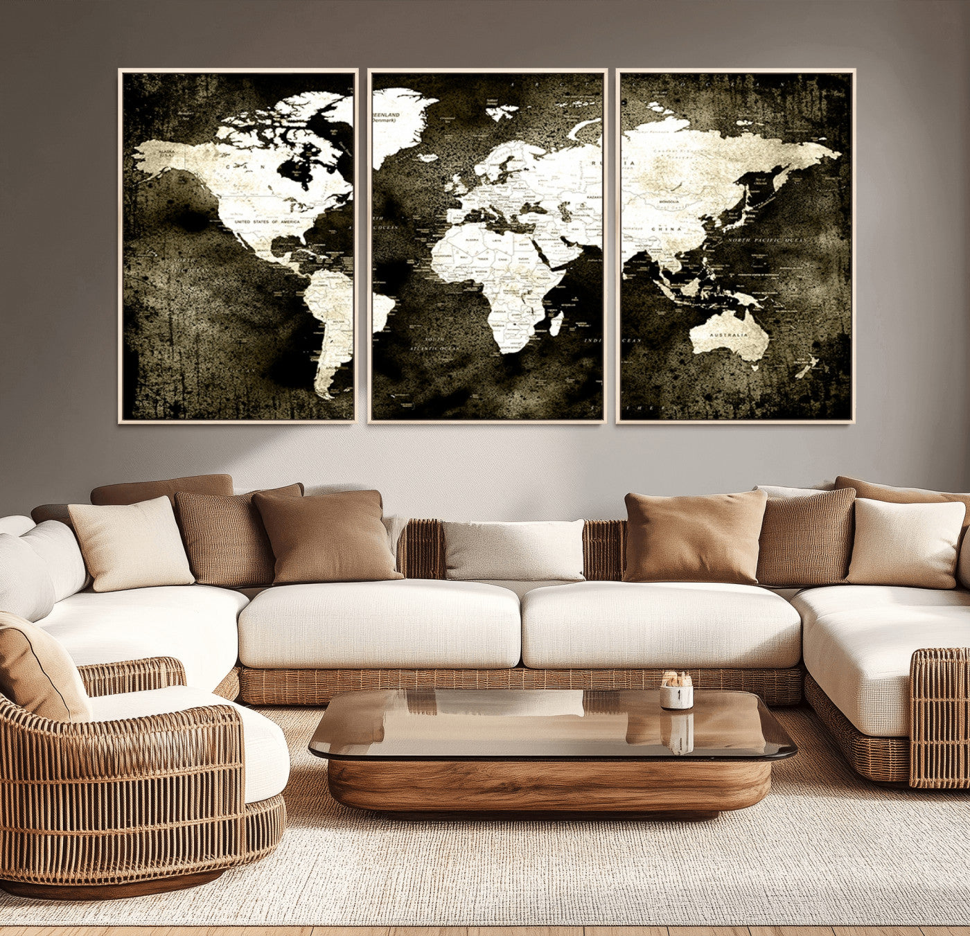 66737-MGV-CV-36X24-Vintage World Map Canvas Wall Art – Framed Push Pin Travel Map for Home and Office Decor, Rustic Wall Artwork for Travelers