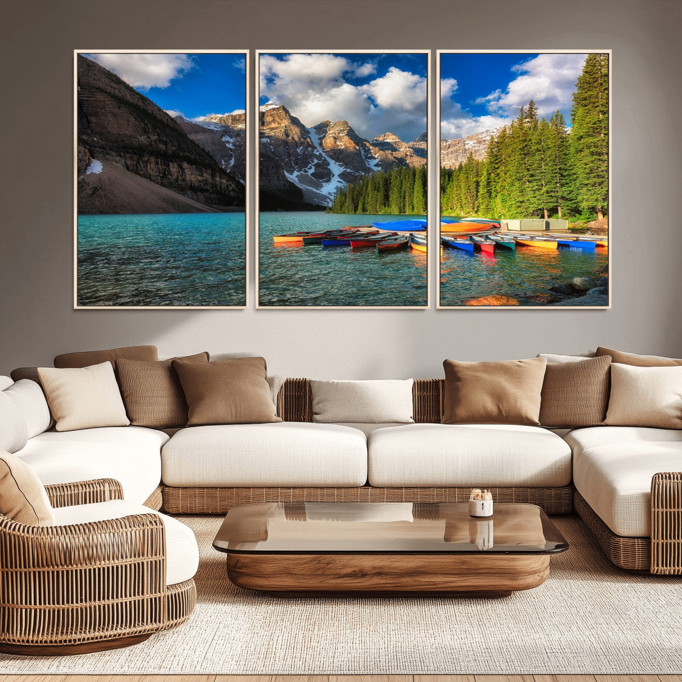 -Moraine Lake 3-Panel Wall Art, Majestic Mountain and Lake Landscape Canvas Print Canoes on Moraine
