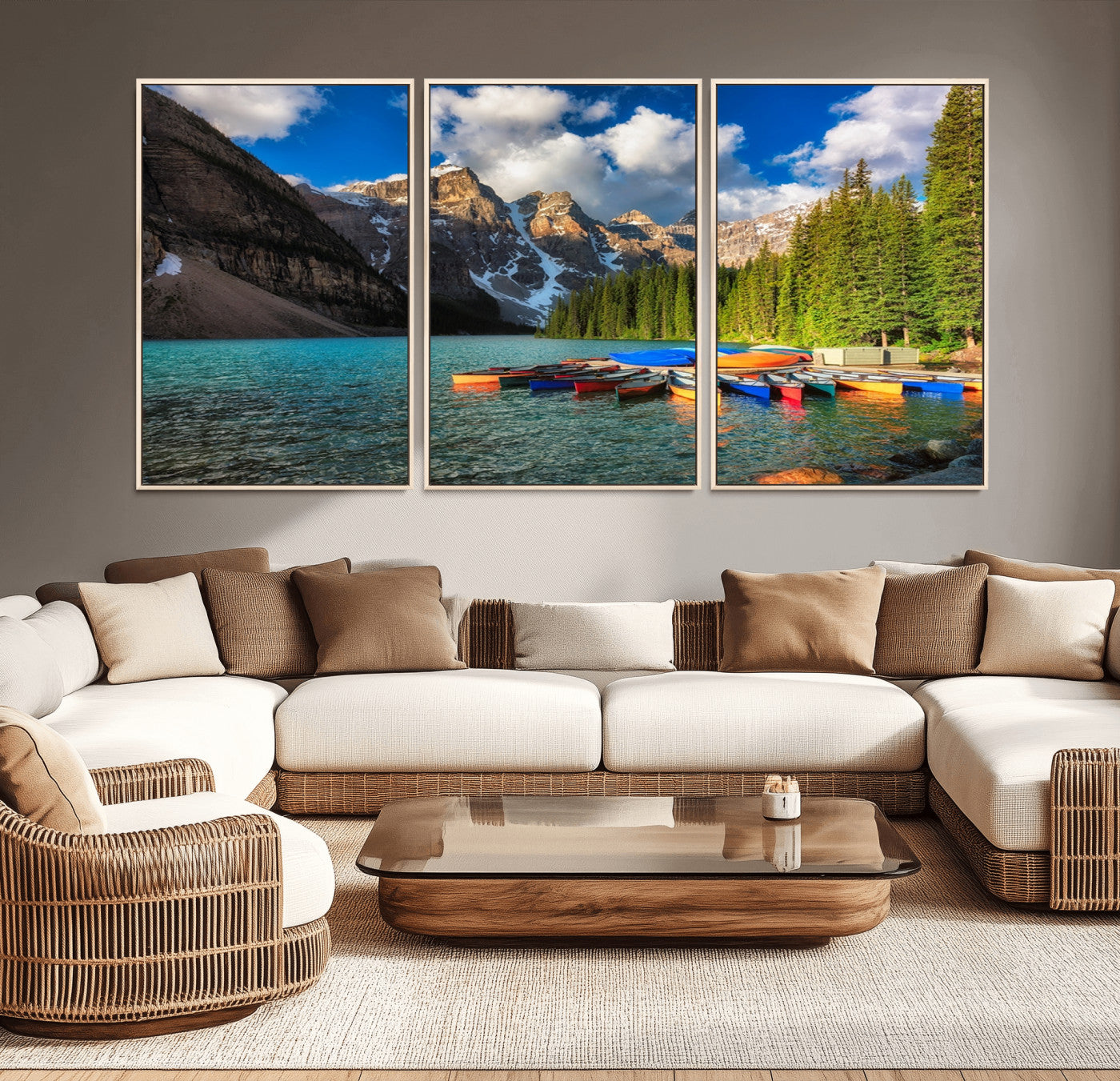 -Moraine Lake 3-Panel Wall Art, Majestic Mountain and Lake Landscape Canvas Print Canoes on Moraine