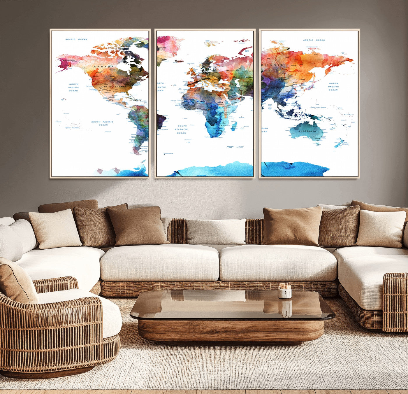 11576-MGV-CV-36X24-Vibrant Watercolor World Map Canvas Wall Art – Framed Push Pin Travel Map for Home and Office Decor, Modern Colorful Wall Artwork