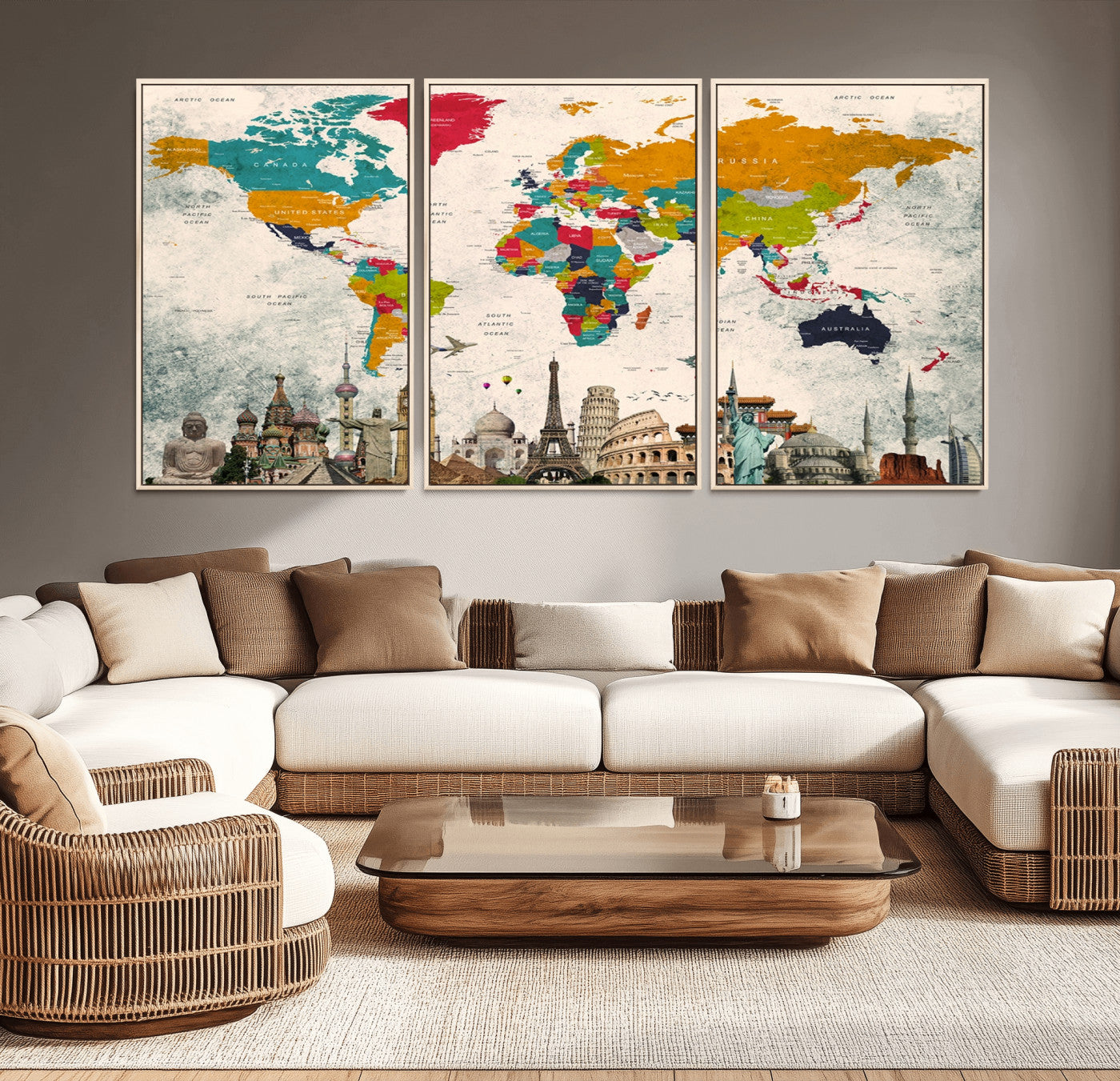 98056-MGV-CV-36X24-Colorful World Map Canvas Wall Art with Landmarks – Framed Travel Map Print for Home and Office Decor, Perfect Gift for Travel Lovers