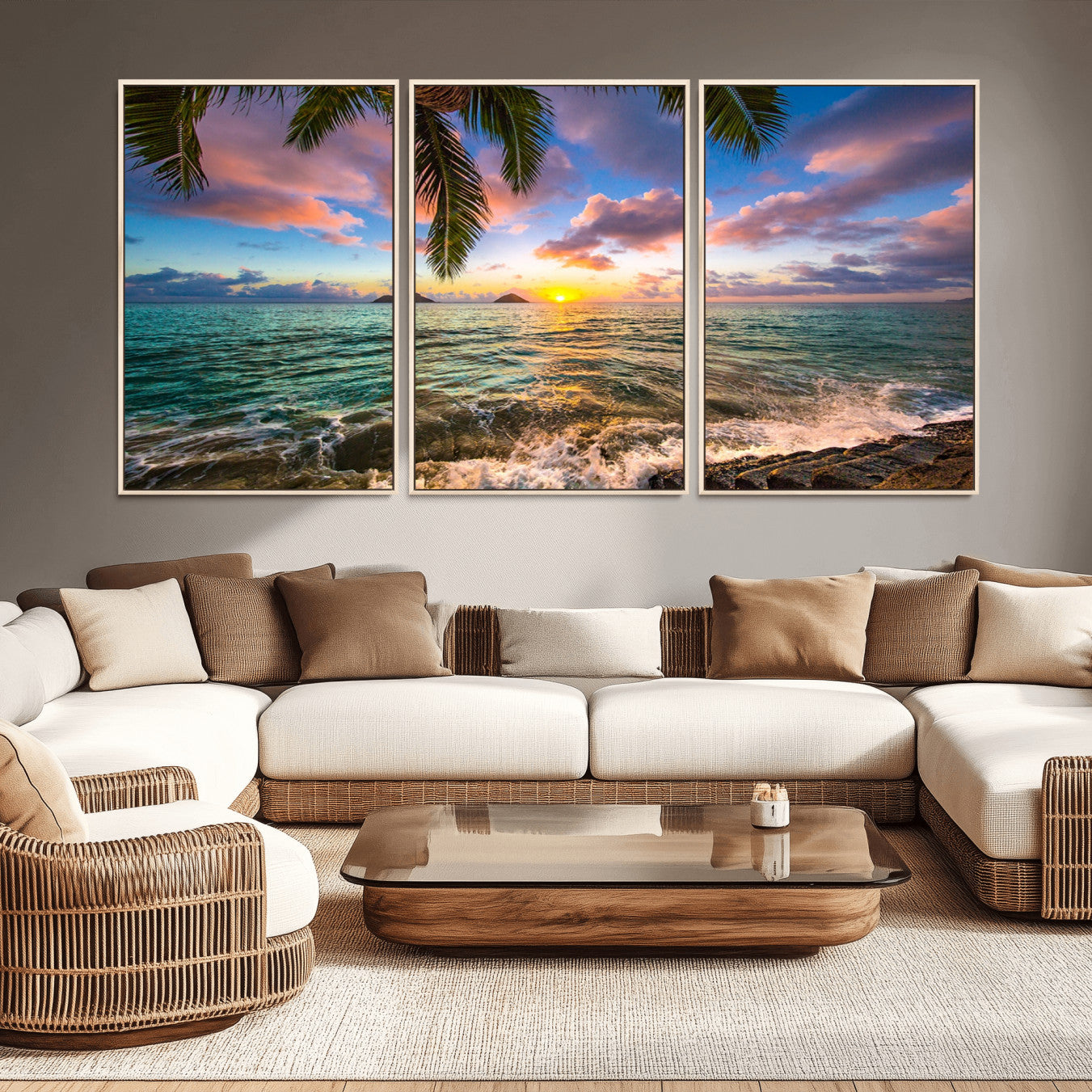 -Framed Tropical Sunset Art Canvas Print
