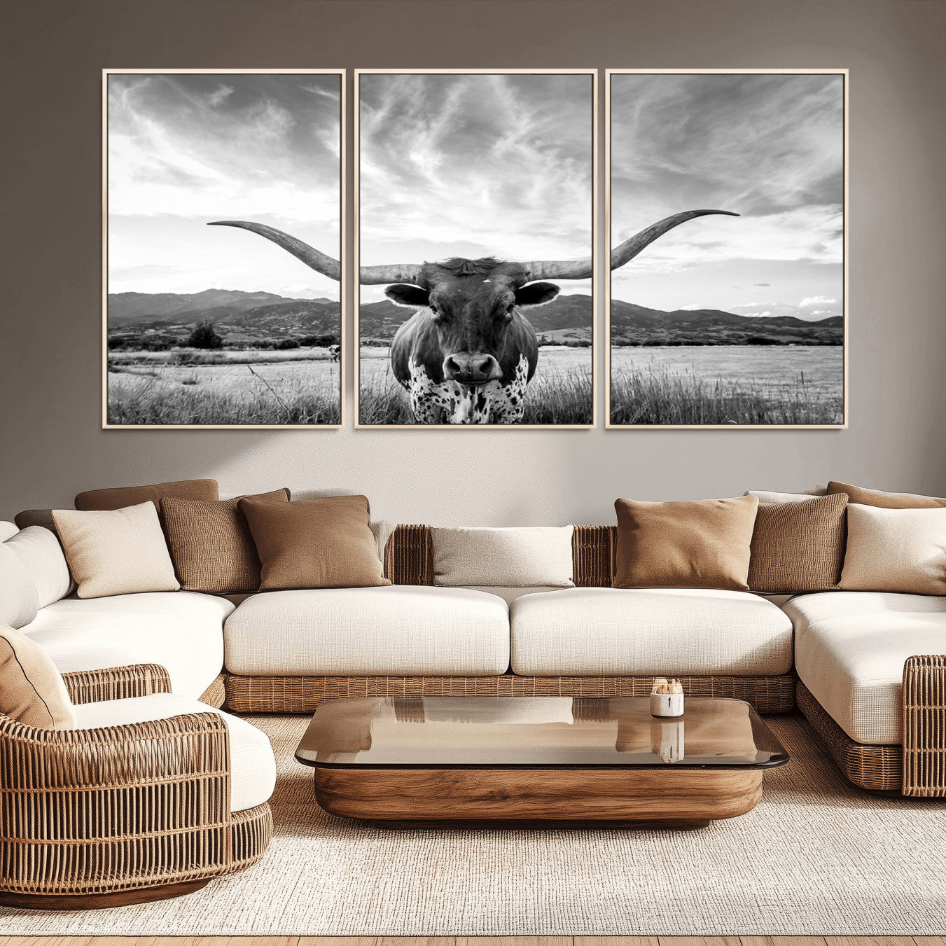 79527-MGV-CV-36X24-Longhorn Black and White Wall Art – Rustic Western Bull Canvas Print, Farmhouse Country Decor for Living Room, Office or Ranch, Cowboy Wall Artwork