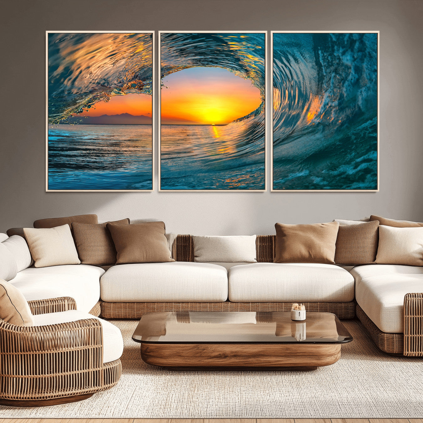 84279-MGV-CV-36X24-Ocean Wave Sunset Wall Art | Large Coastal Wave Canvas Print | 3-Panel Ocean Sunset Seascape for