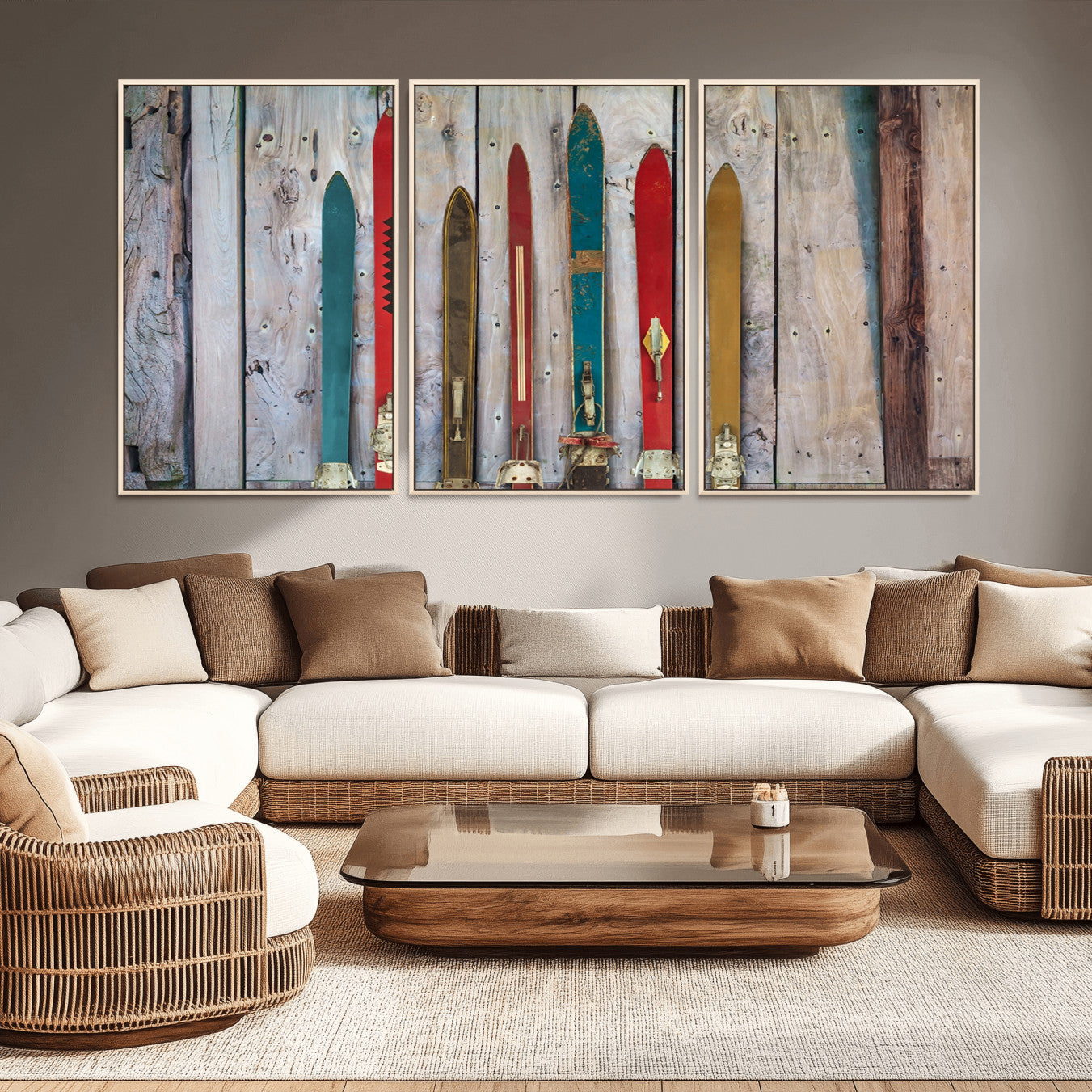 -Vintage Wooden Weathered Ski's in Front of an Old Barn Wall Art Canvas Print for Farmhouse, Cabin