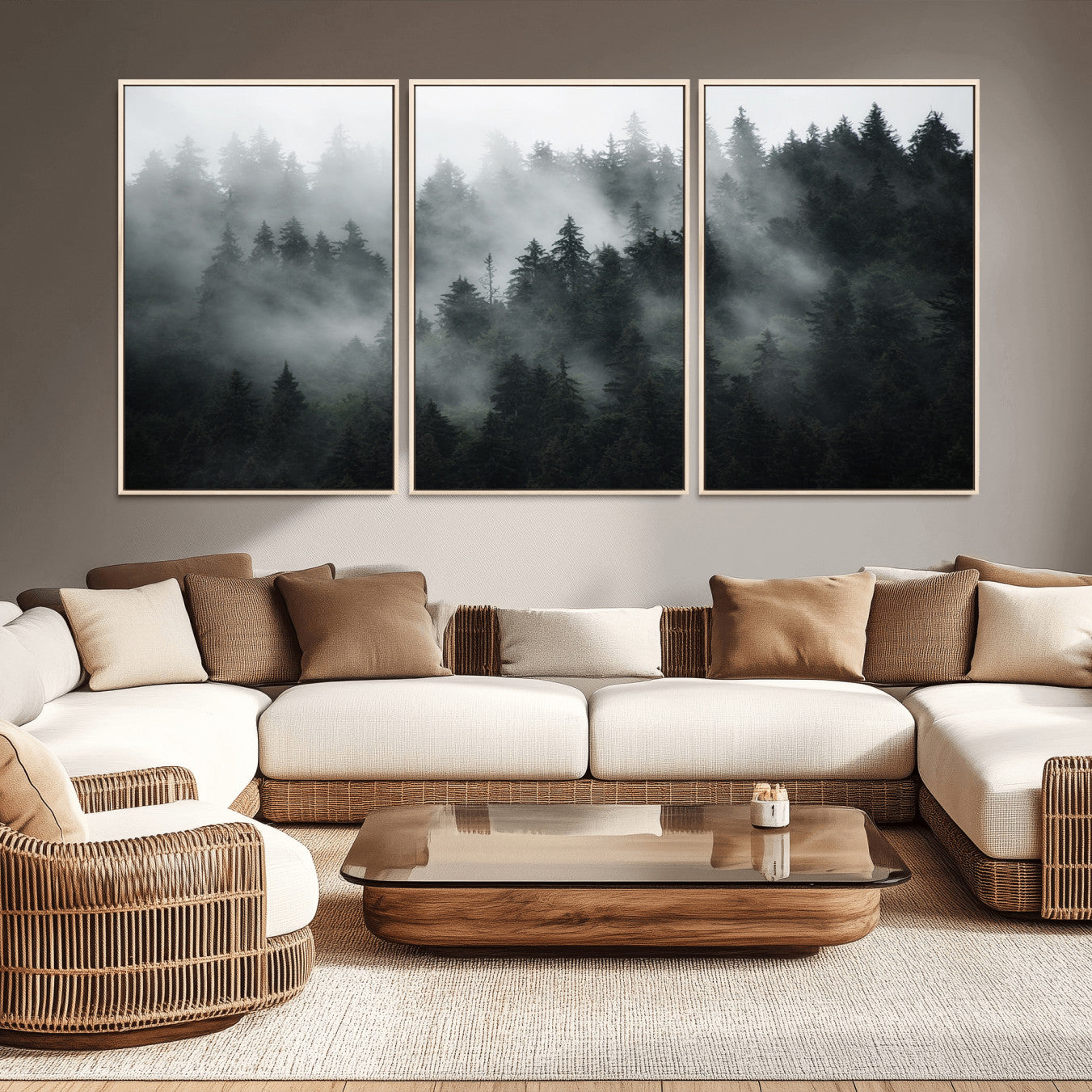 52359-MGV-CV-36X24-Foggy Forest Wall Art Canvas Print | 3 Panel Large Misty Landscape for Dining Room, Office, or