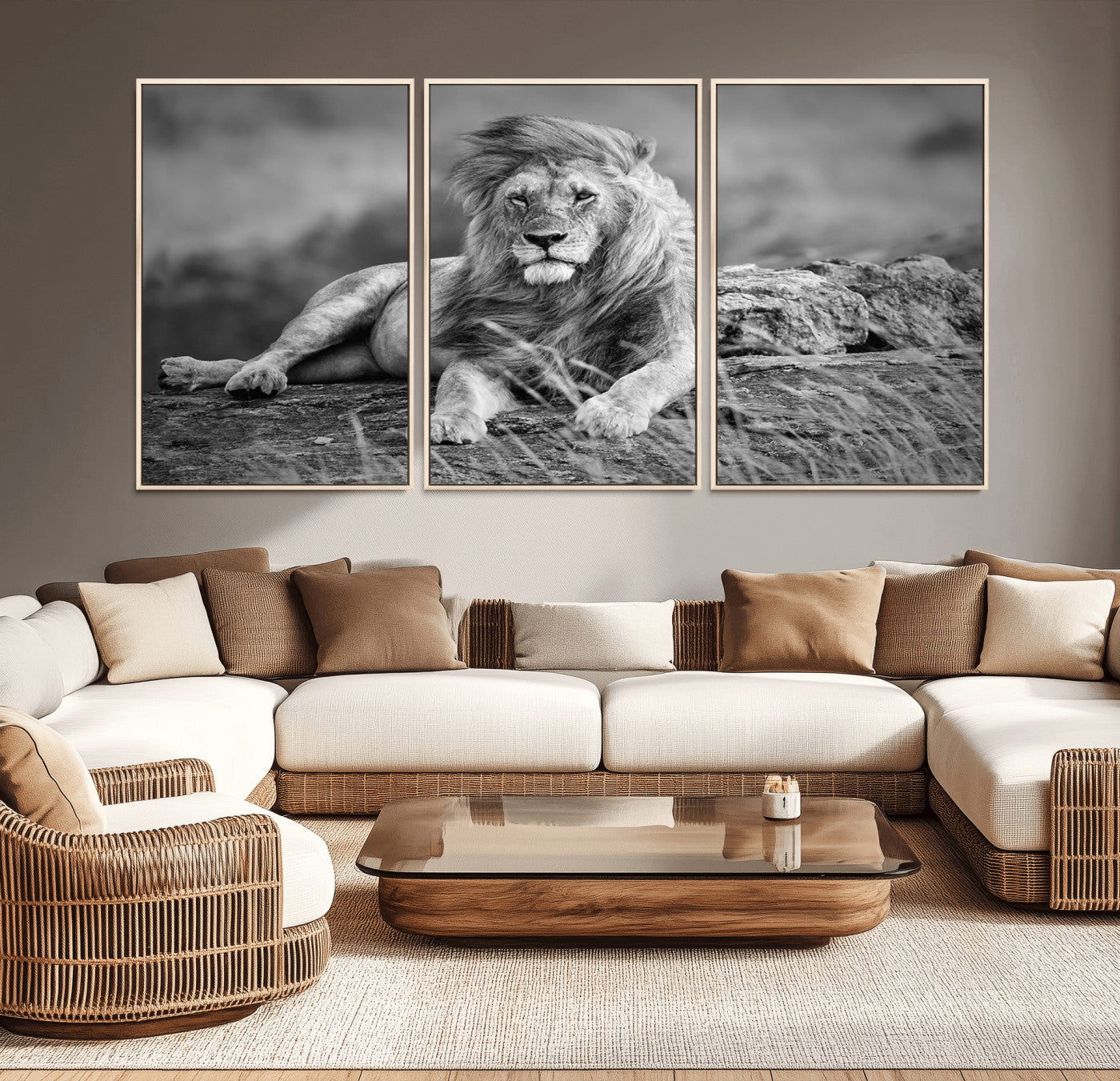 68679-MGV-CV-36X24-King Forest Lion Wall Art Canvas Print – Framed Majestic Wildlife Scene with Regal Lion Artwork for Home, Office