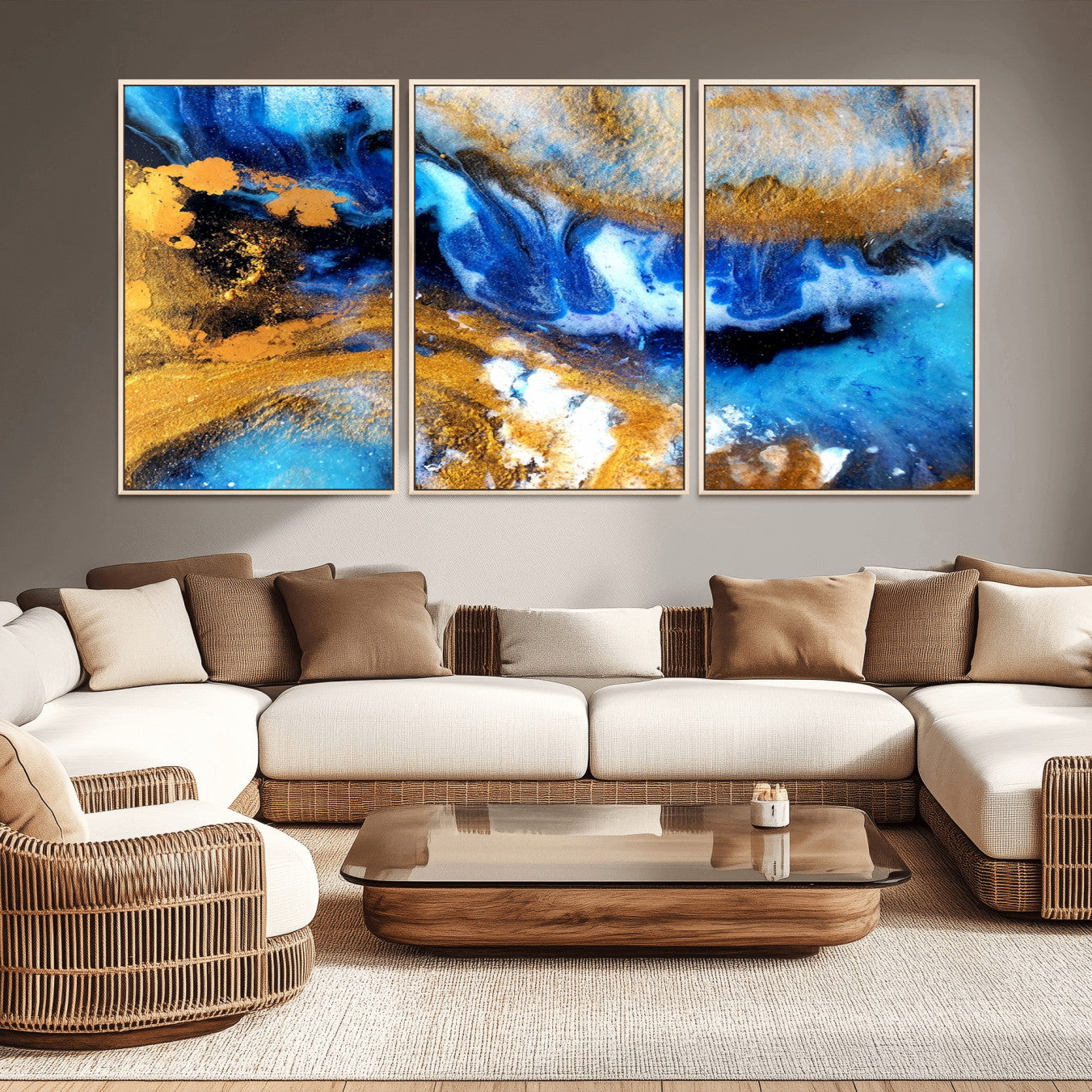 42100-MGV-CV-36X24-Blue Orange Marble Fluid Effect Canvas Wall Art Print