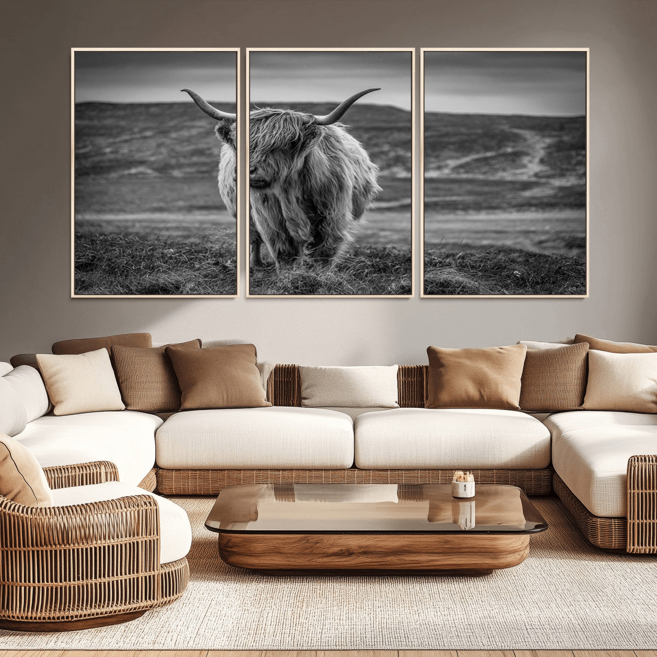 -Fluffy Cattle Wall Art Print, Highland Cow Canvas, Framed Black and white Wall Art
