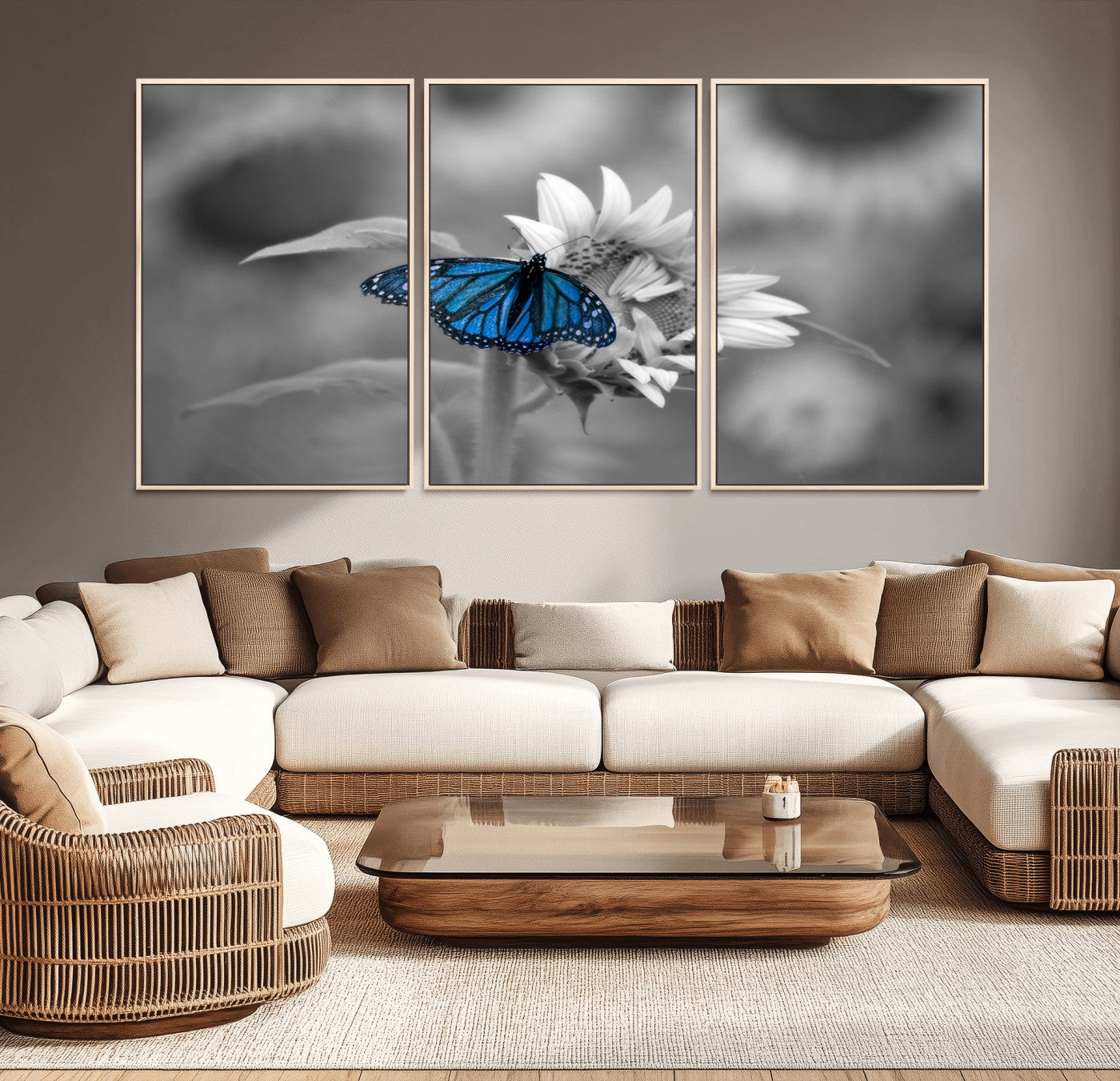 -Blue Butterfly Black and White Canvas Wall Art