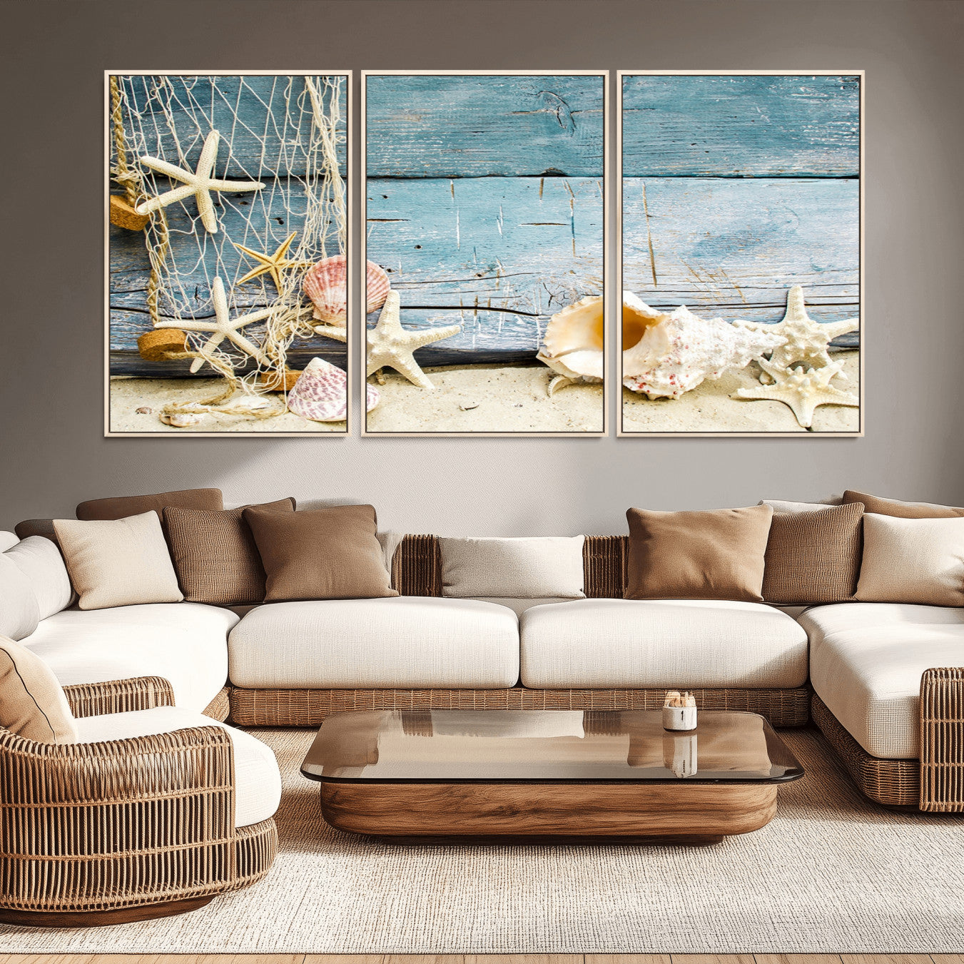 -Seashells on Rustic Wooden Background, Seashells Wall Art Canvas Print