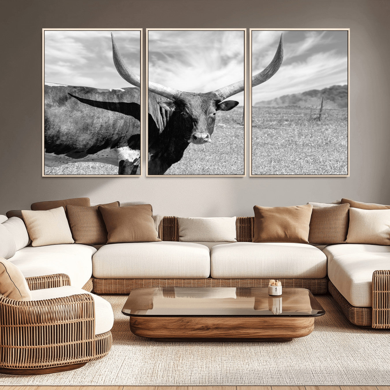 -Longhorn Wall Art Canvas Print, Framed Ranch Wall Art Canvas Print