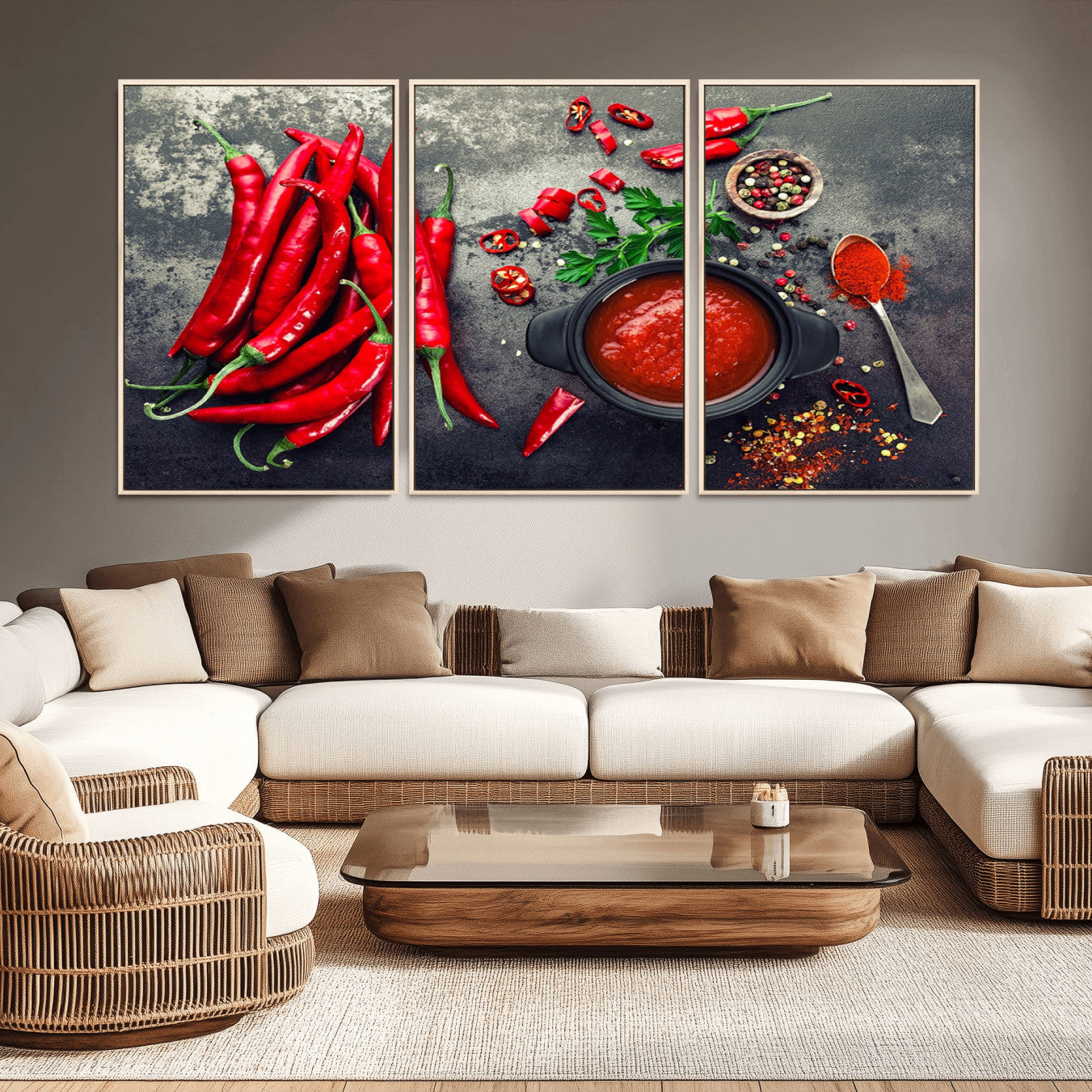 10860-MGV-FC-60X30-3P_Natural-Red Chili Peppers Wall Art Kitchen Artwork Canvas Print