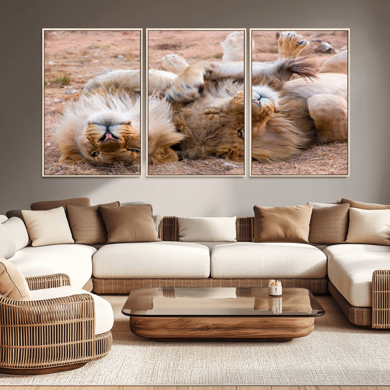 -Lion Pair Wall Art Canvas Print – Framed Wildlife Scene with Playful Lions Artwork for Home, Office, Living Room
