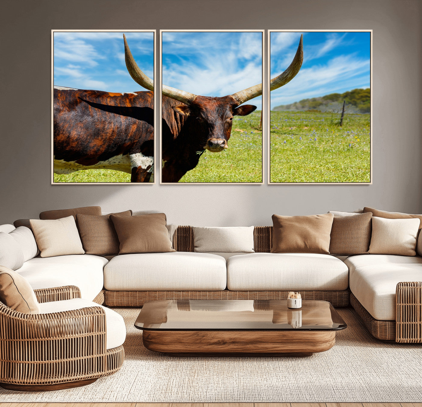 47037-MGV-CV-36X24-Longhorn and Cow Wall Art, Country Cow Wall Decor Canvas Print